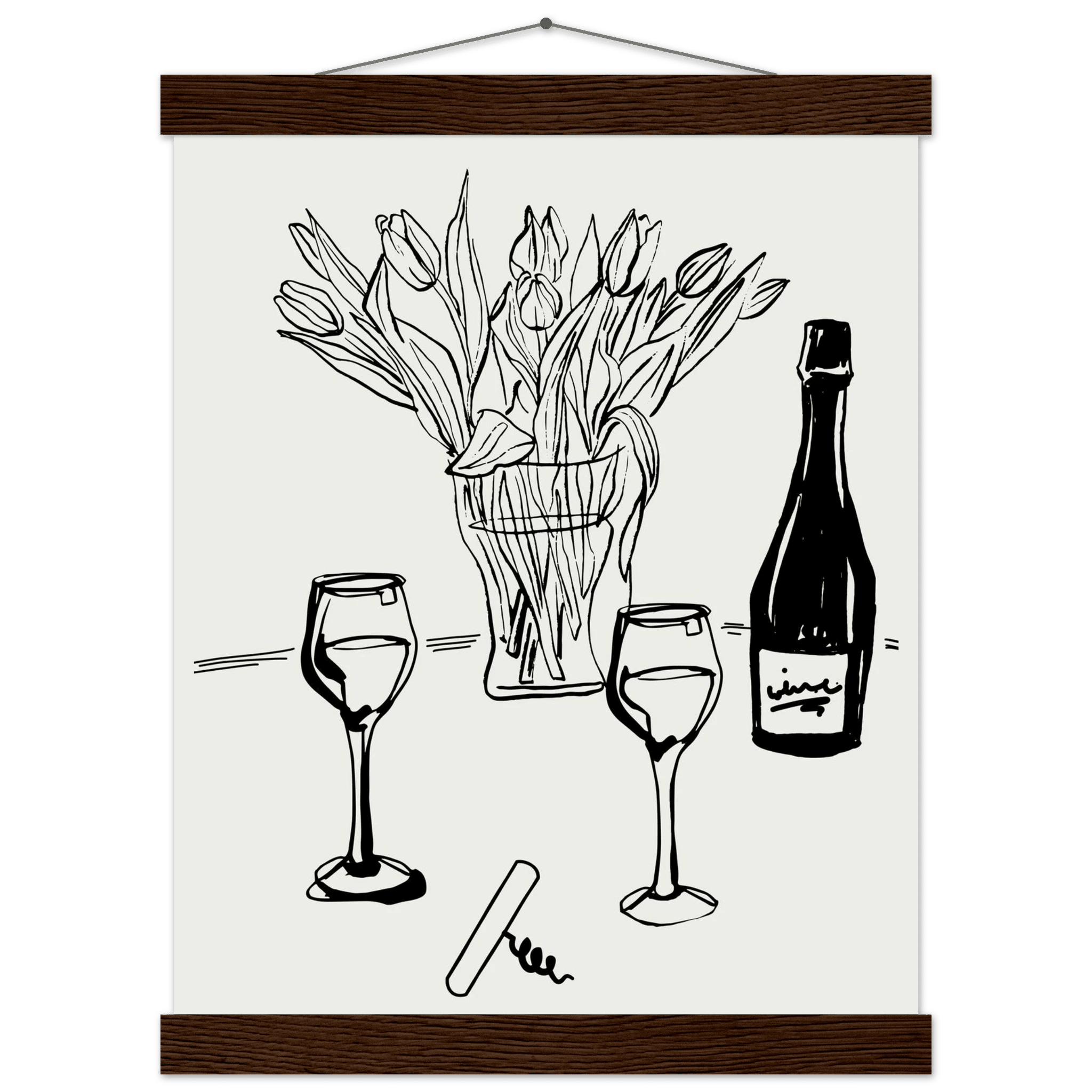Wine & Tulips Print | Black Line Art Wine Bottle Wall Art | Minimalist Kitchen Poster - Evergreen Posters