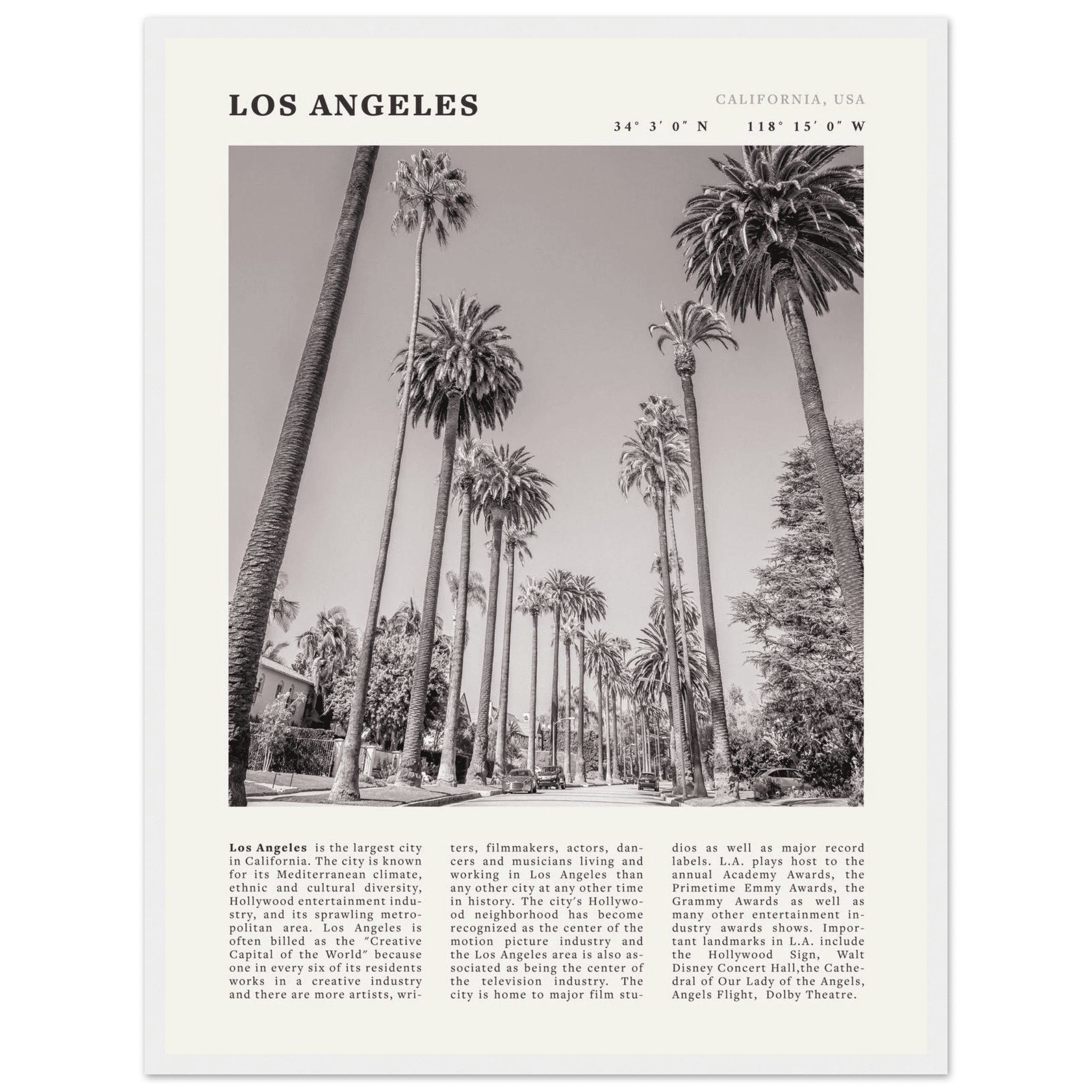 Los Angeles Poster | Black & White Palm Trees Wall Art | California Travel Print - Evergreen Posters