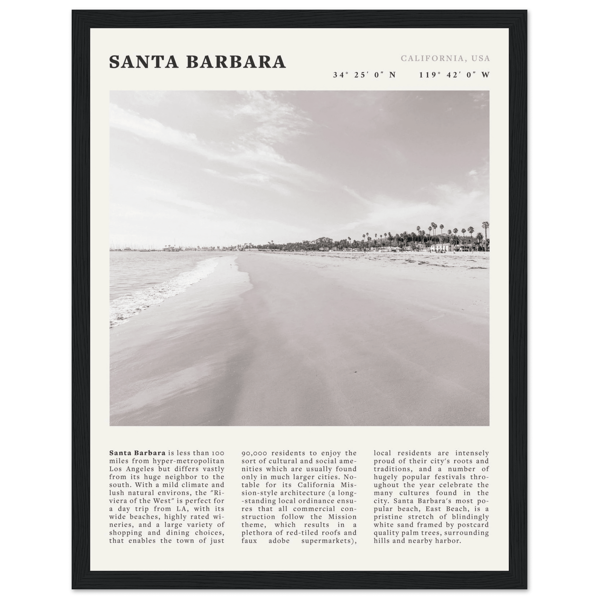 Santa Barbara Poster | Black & White California Beach Wall Art | CA Travel Print - Evergreen Posters