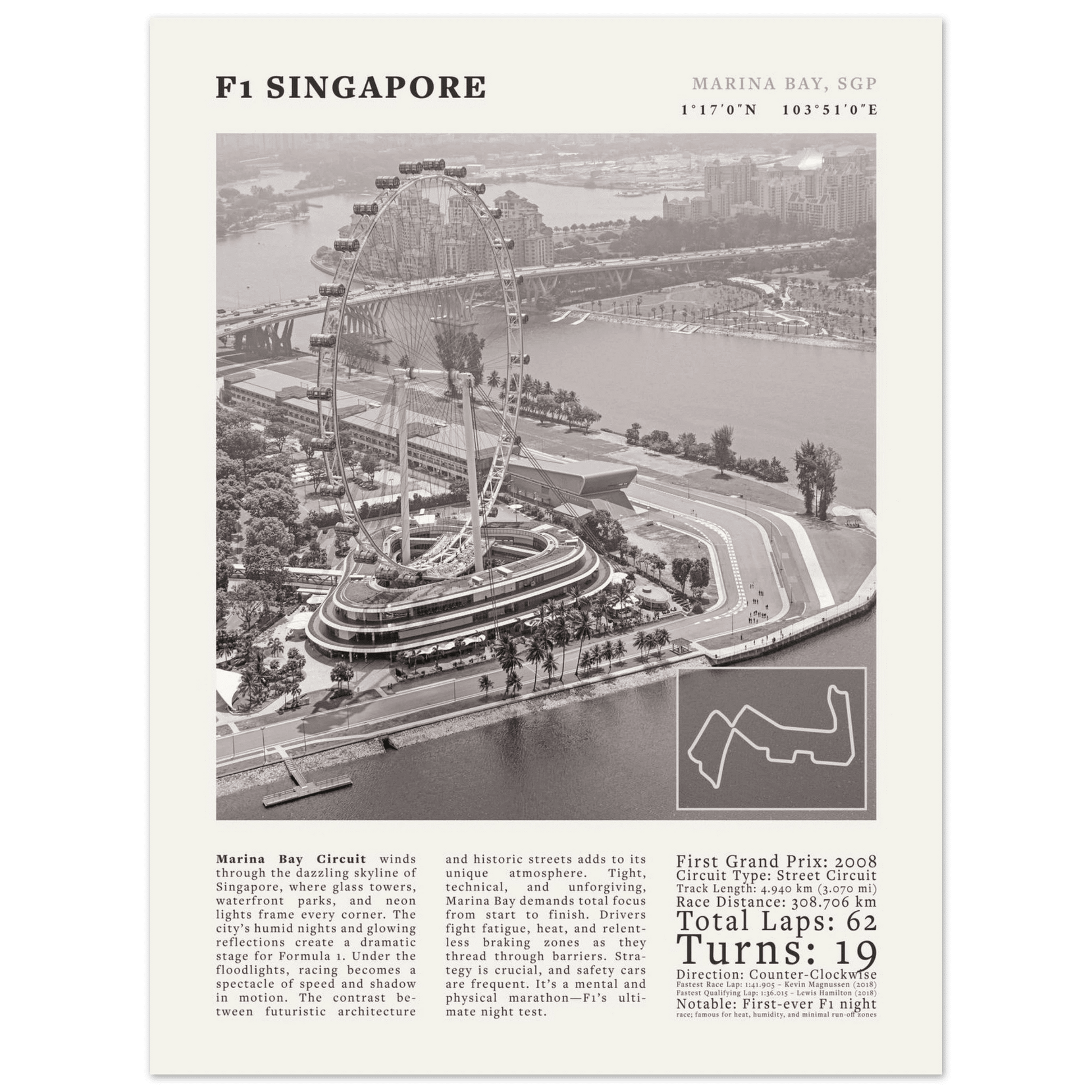 F1 Singapore Poster Black and White – Vintage Marina Bay Night Race Print (Digital & Printed Options) - Evergreen Posters