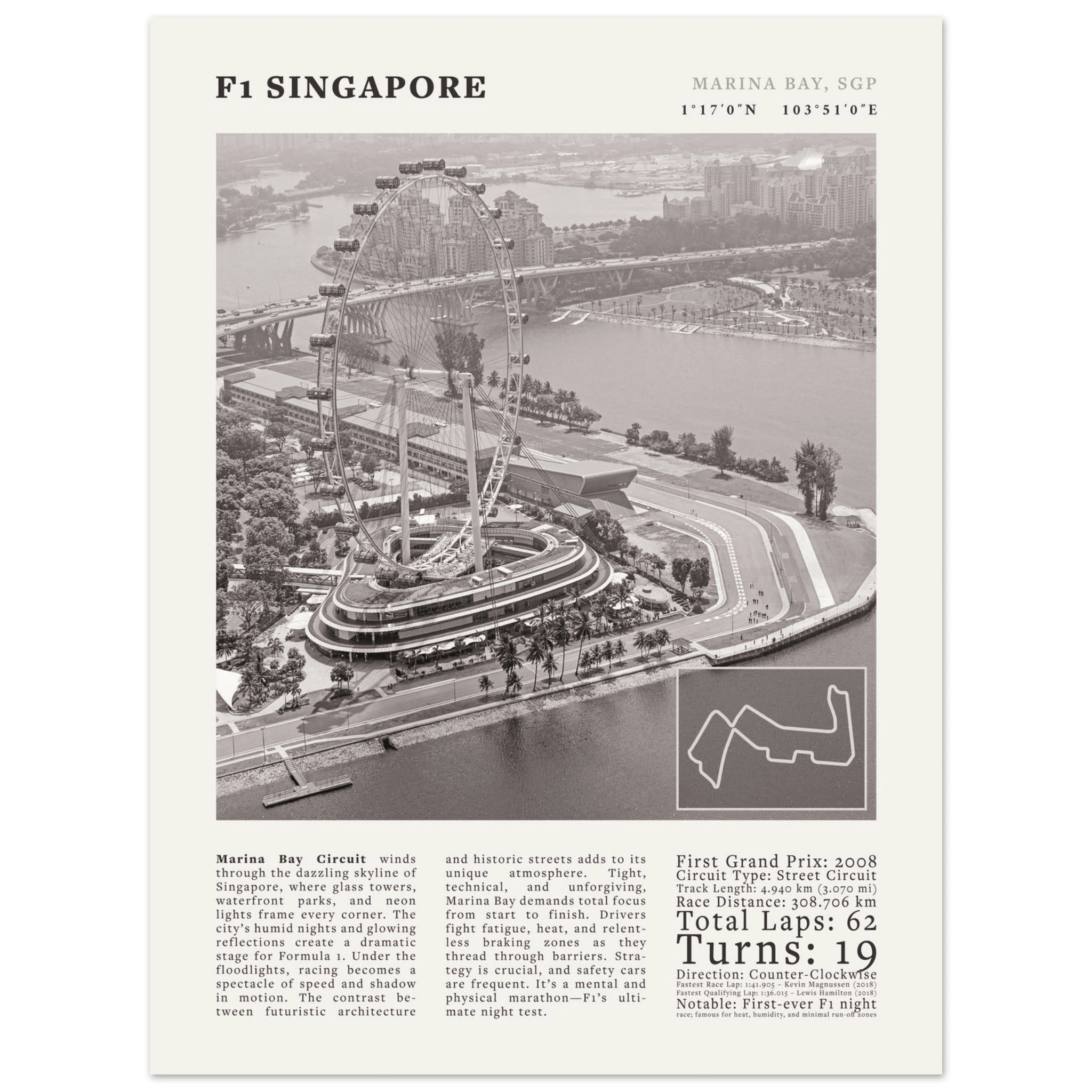 F1 Singapore Poster Black and White – Vintage Marina Bay Night Race Print (Digital & Printed Options) - Evergreen Posters