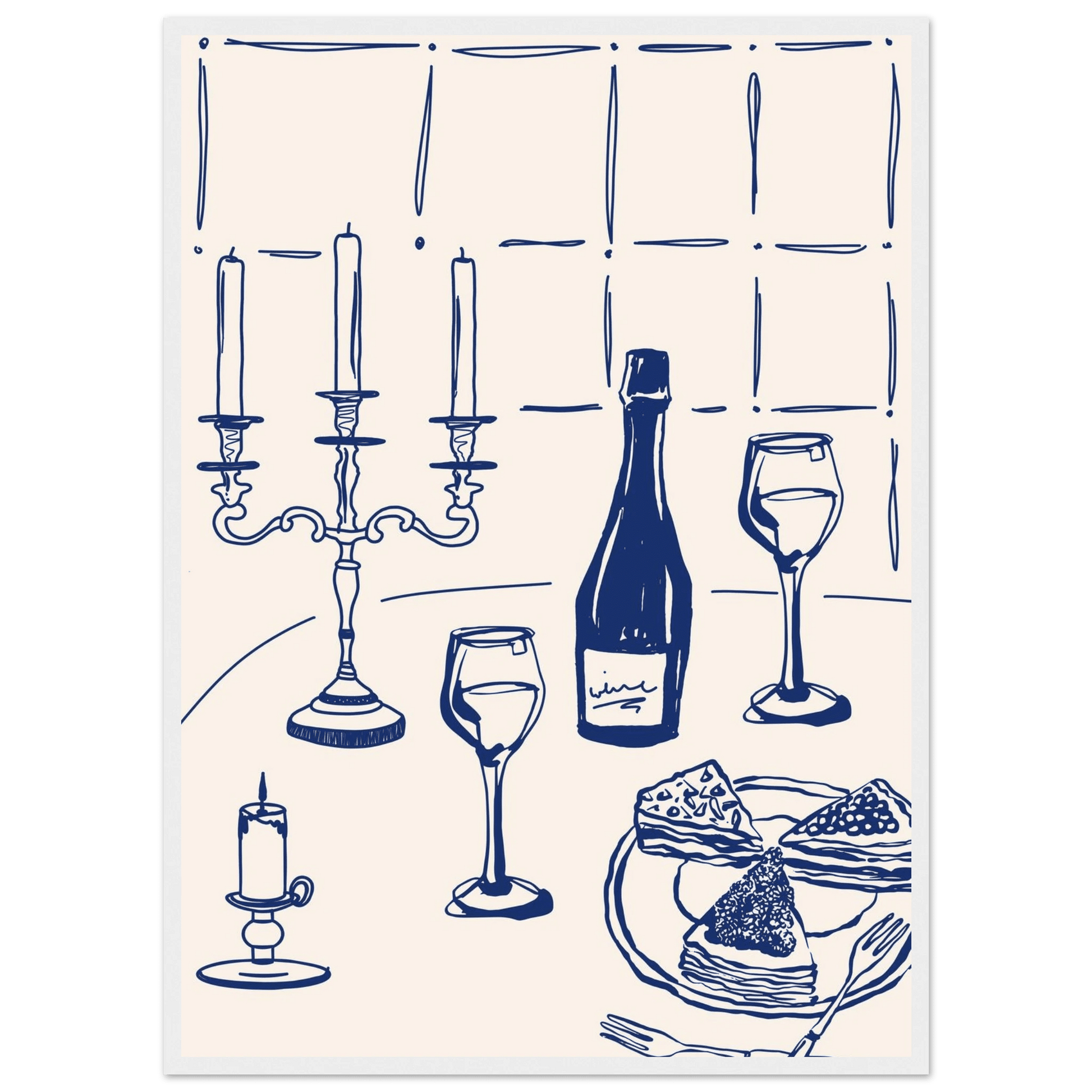 Candlelight Dinner Print | Navy Blue Wine & Candelabra Line Art | Kitchen Poster - Evergreen Posters