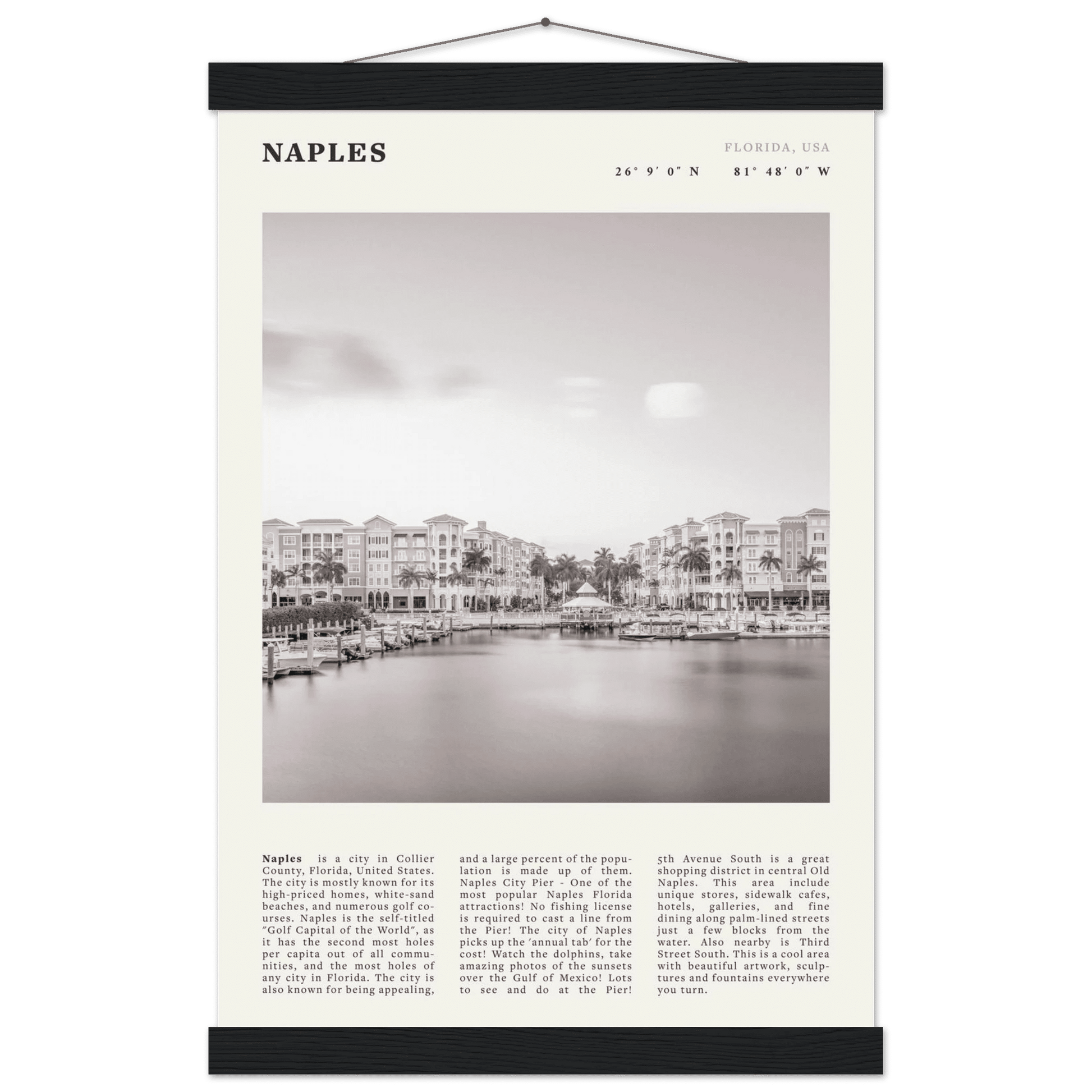 Naples Florida Poster | Black & White Gulf Coast Wall Art | FL Travel Print - Evergreen Posters