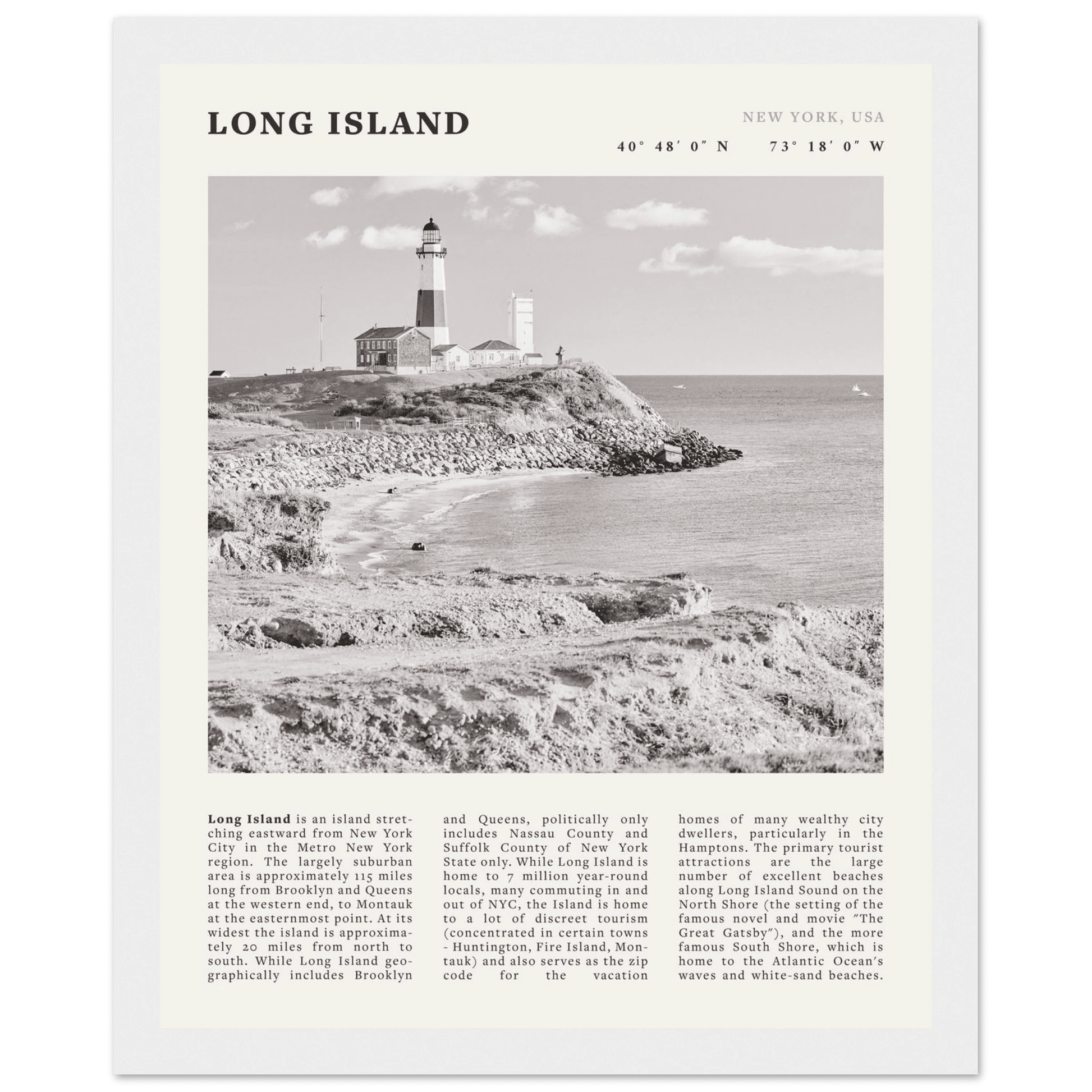 Long Island Poster | Black & White Montauk Lighthouse Wall Art | New York Print - Evergreen Posters