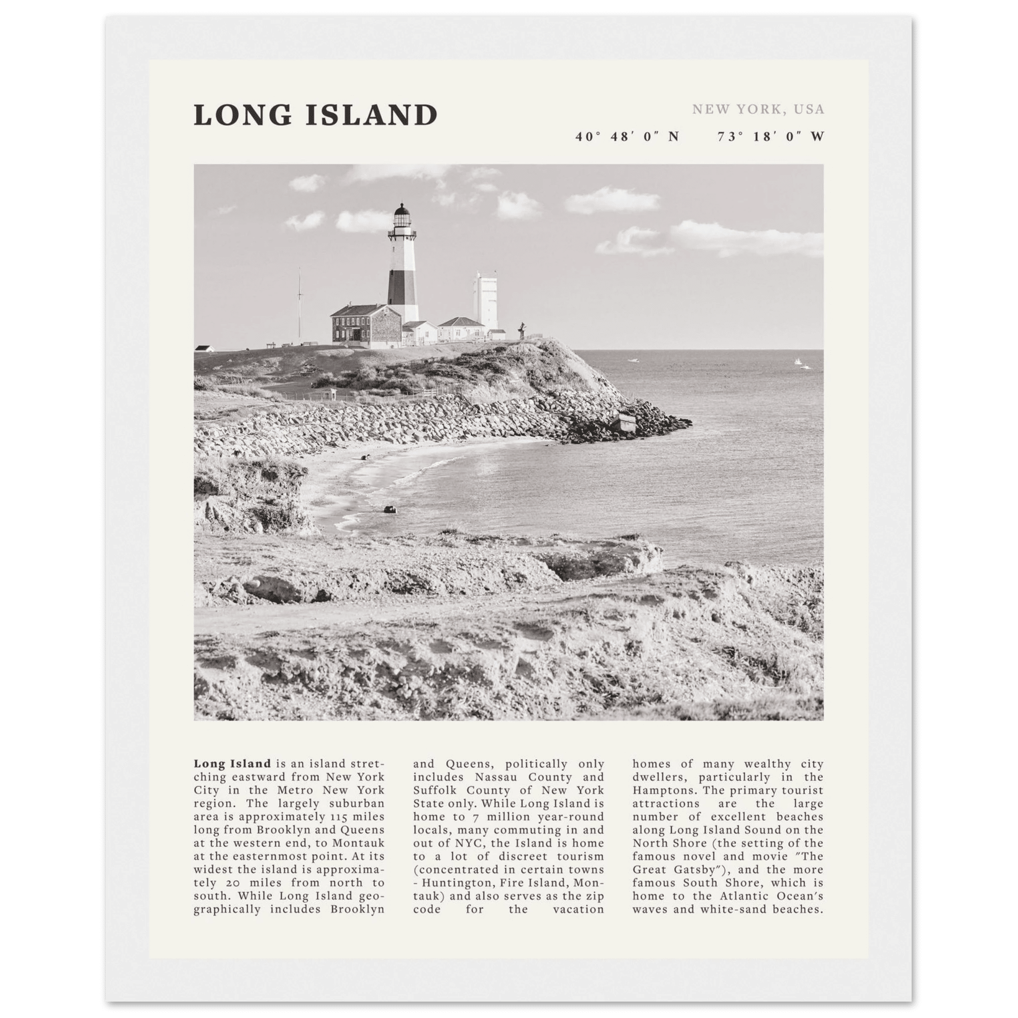 Long Island Poster | Black & White Montauk Lighthouse Wall Art | New York Print - Evergreen Posters