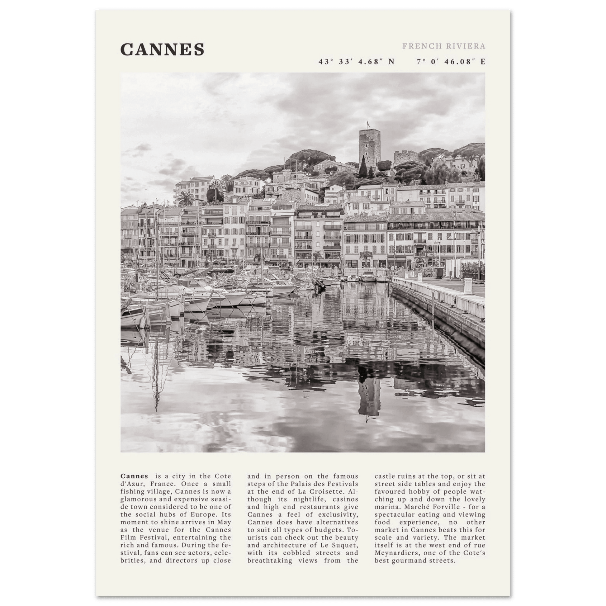 Cannes Poster | Black & White French Riviera Wall Art | France Travel Print - Evergreen Posters