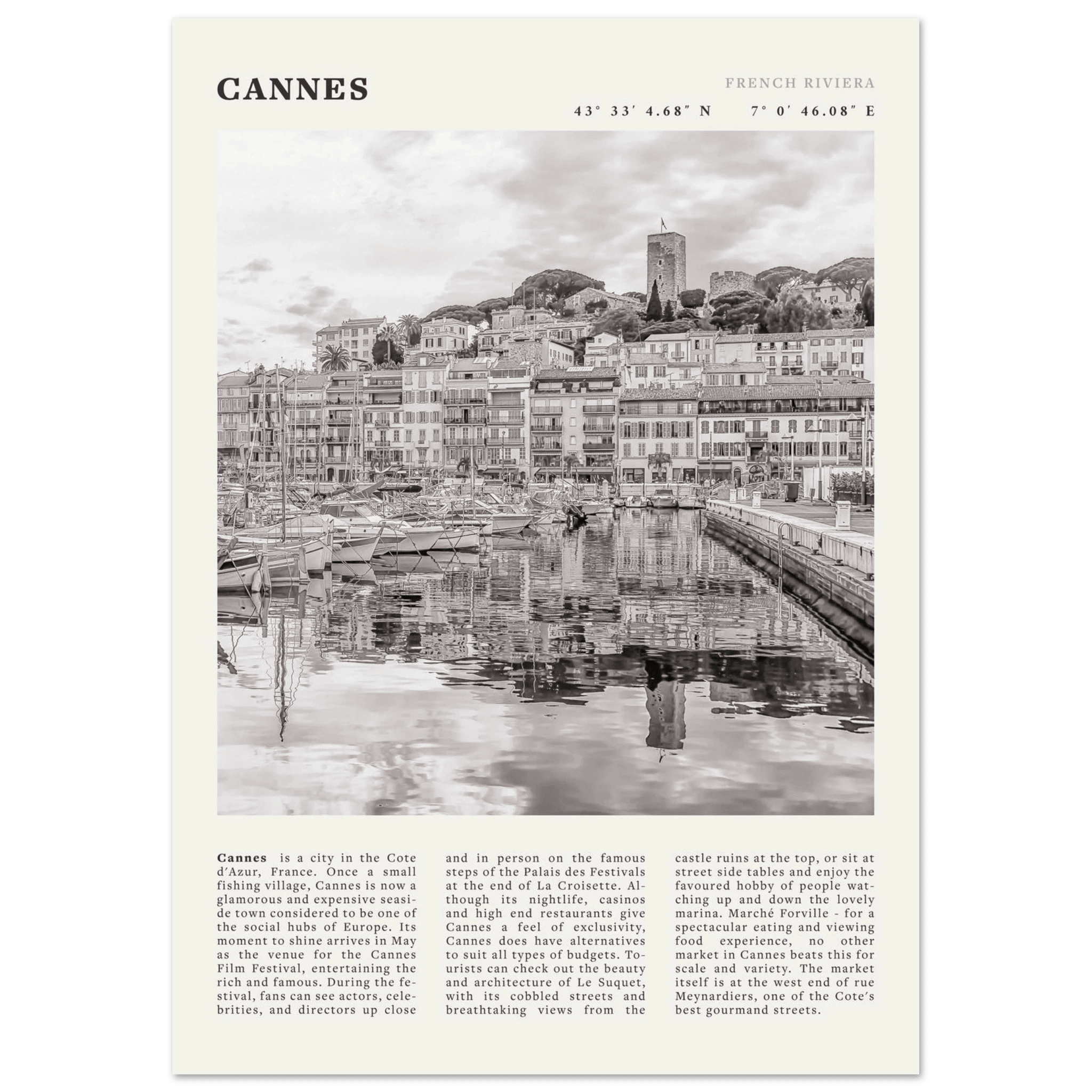 Cannes Poster | Black & White French Riviera Wall Art | France Travel Print - Evergreen Posters