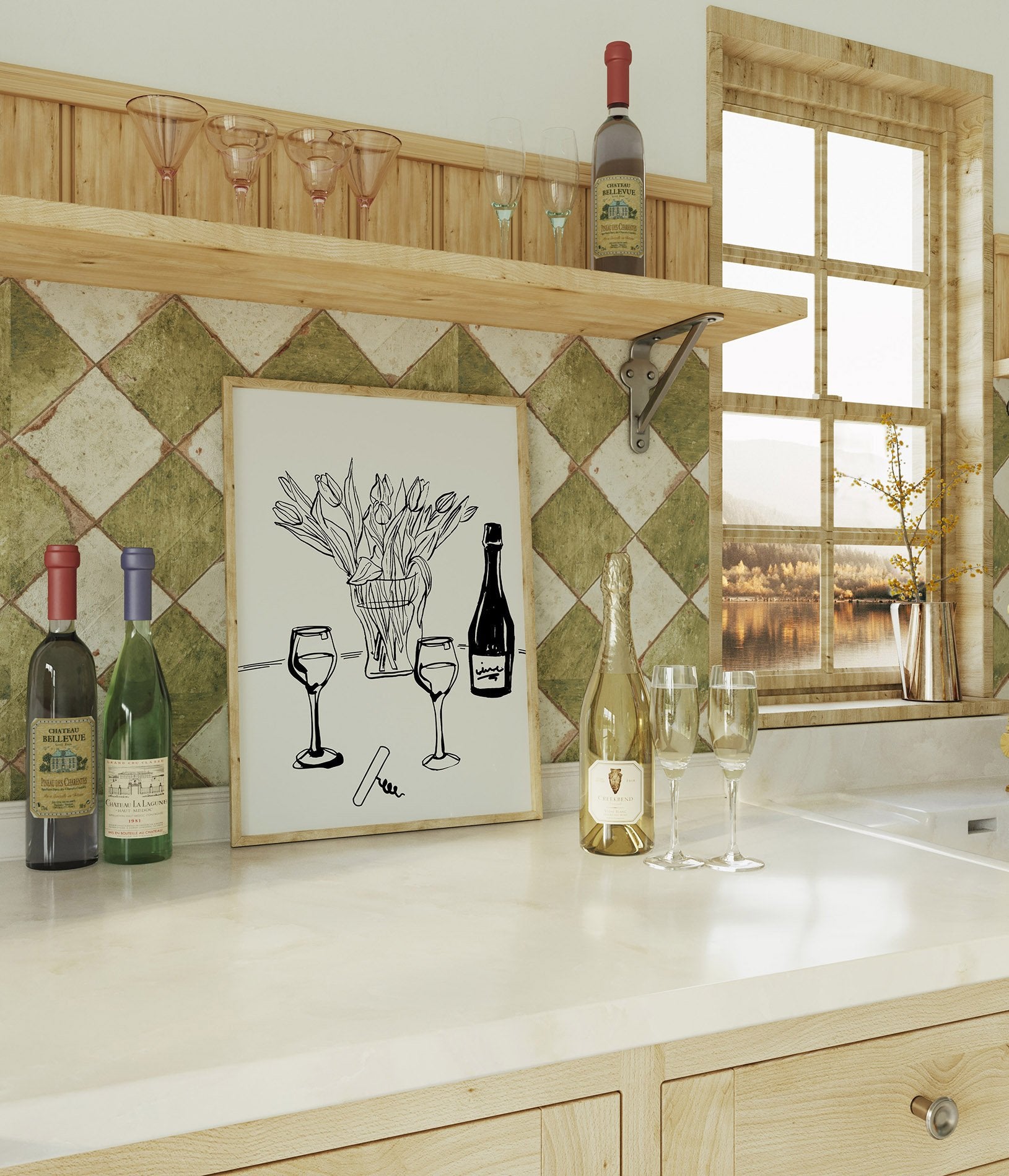 Wine & Tulips Print | Black Line Art Wine Bottle Wall Art | Minimalist Kitchen Poster - Evergreen Posters