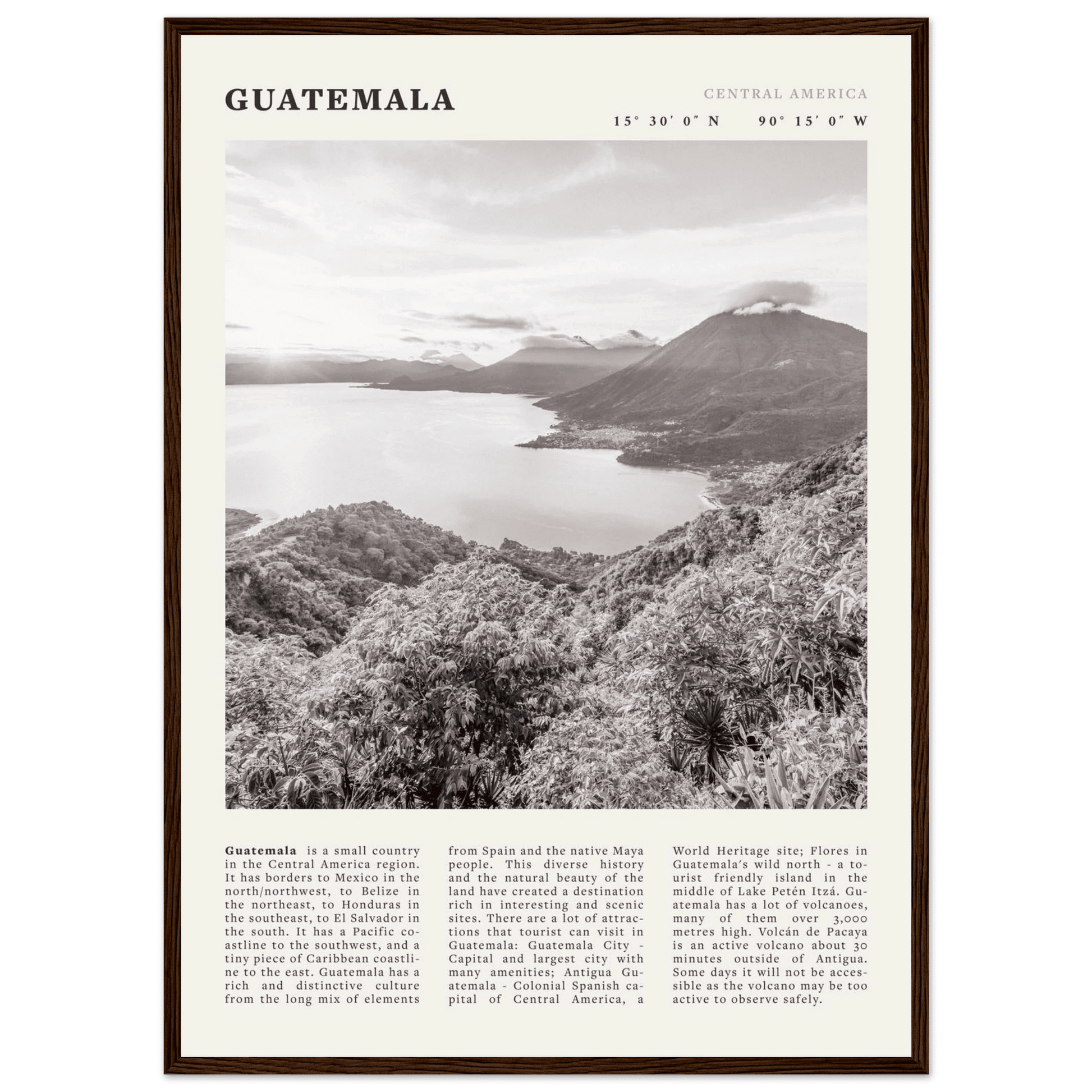 Guatemala Poster | Black & White Lake Atitlan Wall Art | Central America Travel Print - Evergreen Posters