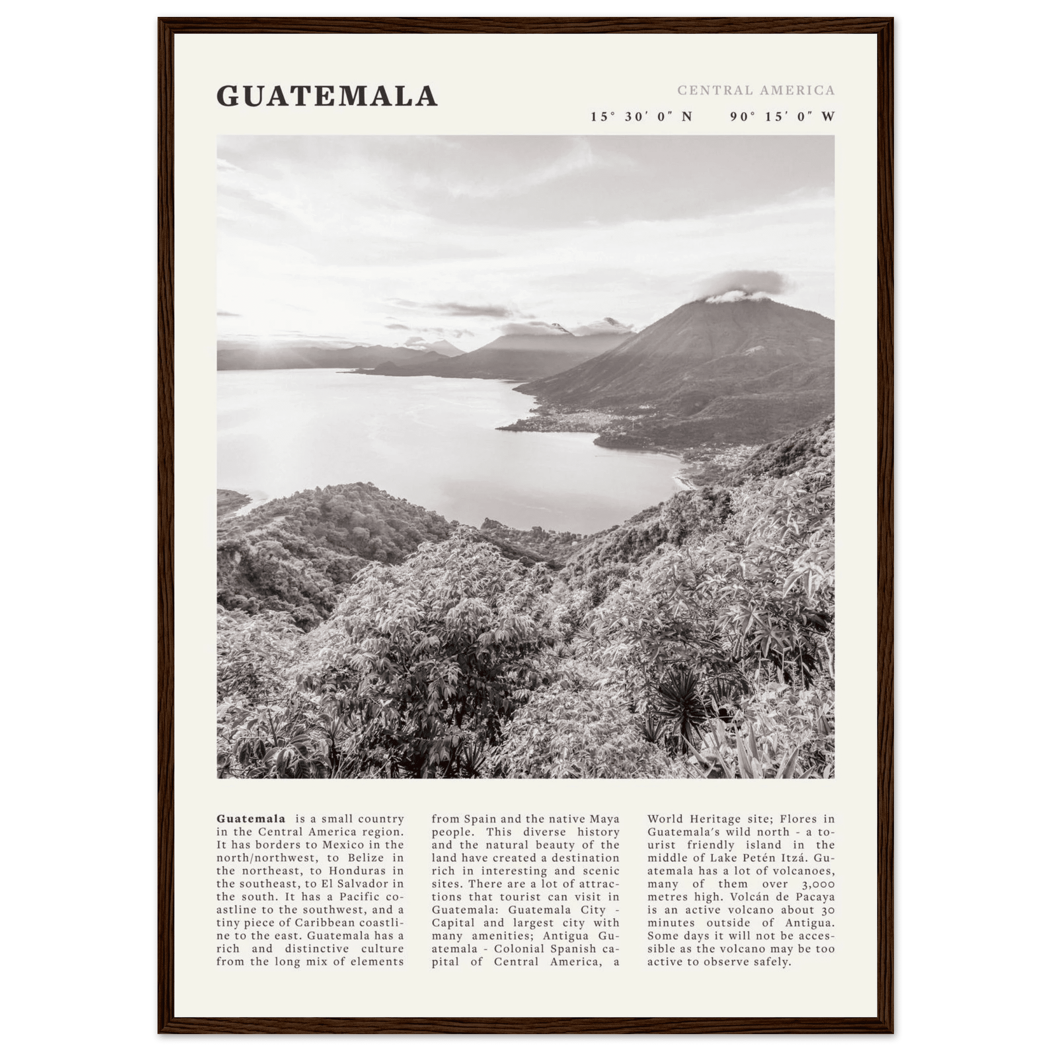 Guatemala Poster | Black & White Lake Atitlan Wall Art | Central America Travel Print - Evergreen Posters