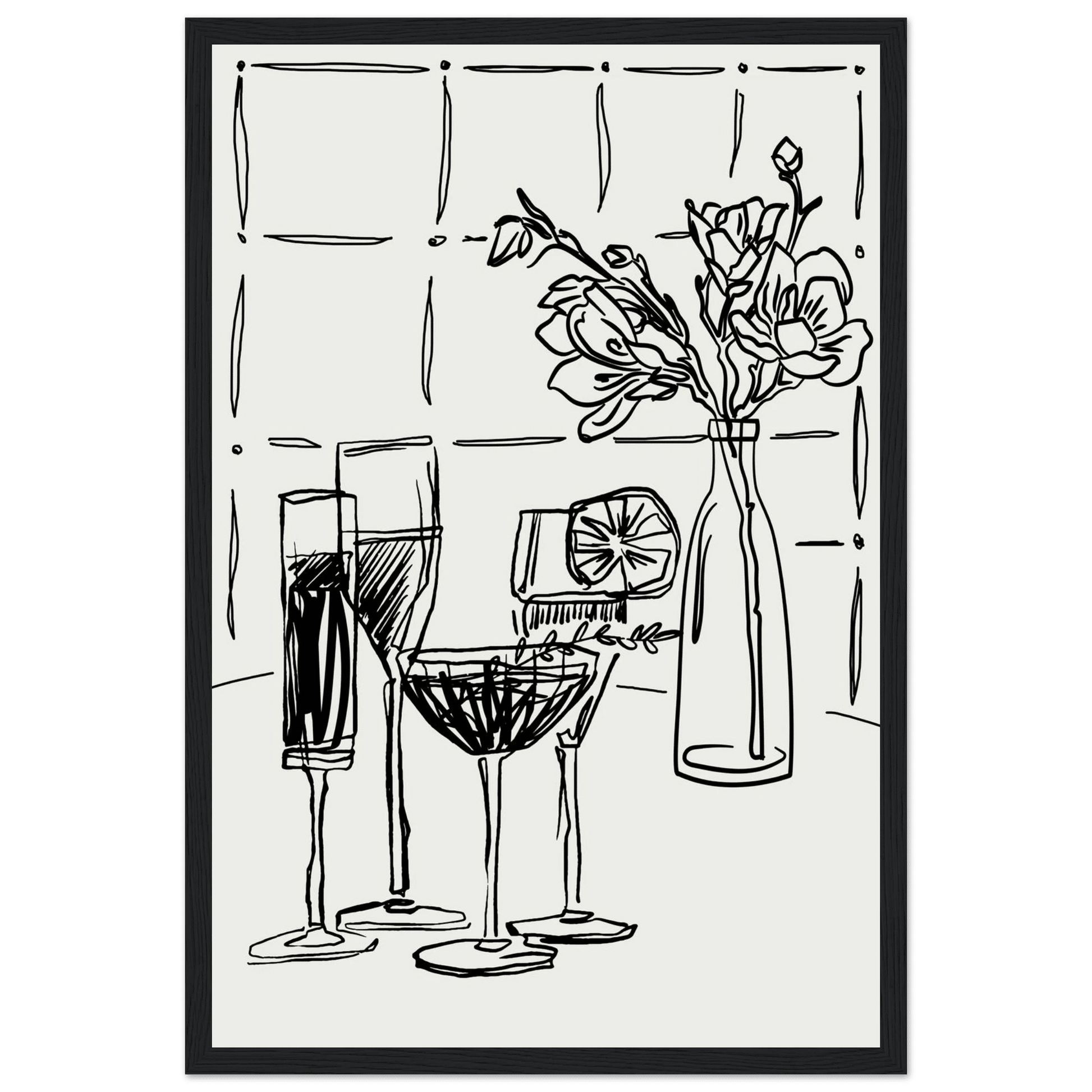 Cocktails & Flowers Print | Black Line Art Drinks Wall Art | Kitchen Bar Poster - Evergreen Posters