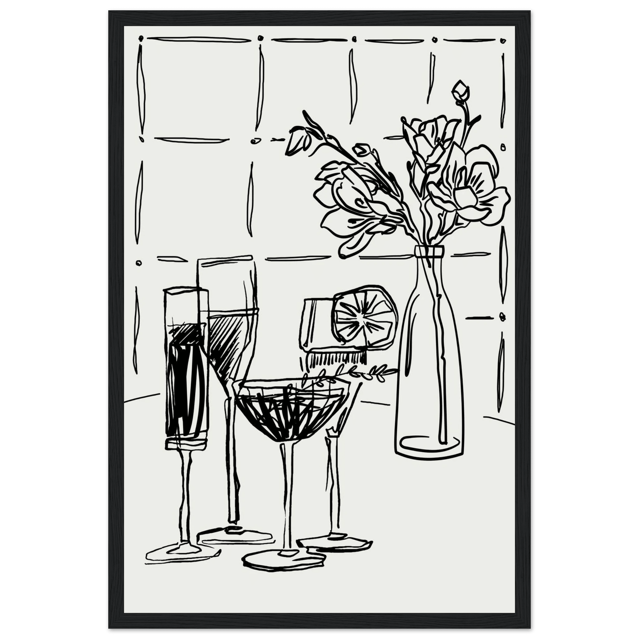 Cocktails & Flowers Print | Black Line Art Drinks Wall Art | Kitchen Bar Poster - Evergreen Posters