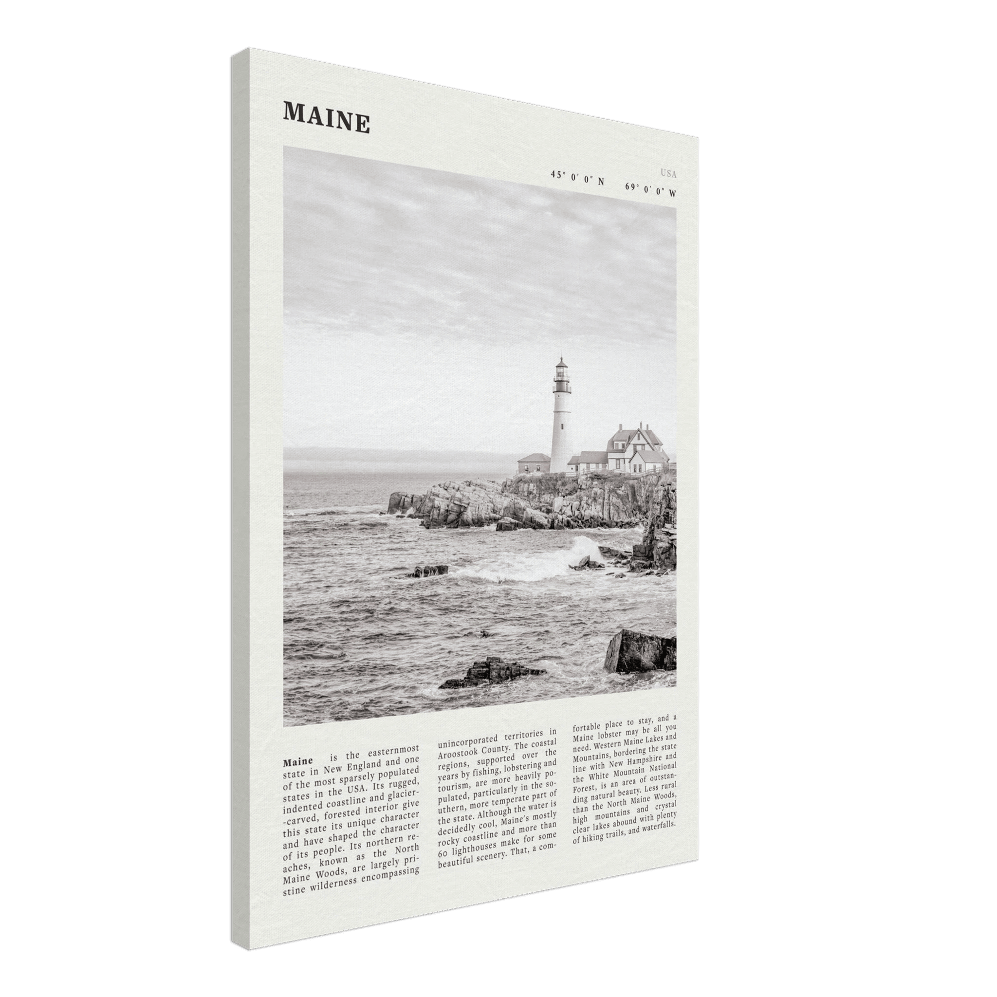Maine Poster | Black & White Lighthouse Wall Art | New England Coastal Travel Print - Evergreen Posters