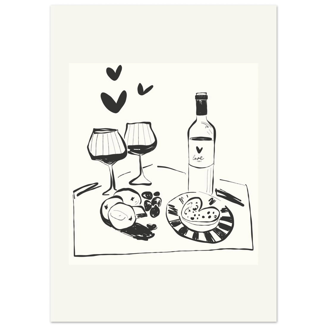 Wine for Two Print | Black Line Art Romantic Kitchen Wall Art | Couples Poster - Evergreen Posters