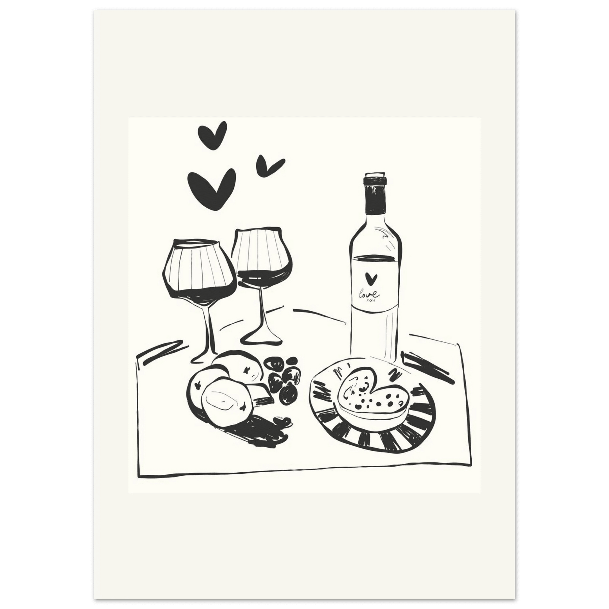 Wine for Two Print | Black Line Art Romantic Kitchen Wall Art | Couples Poster - Evergreen Posters