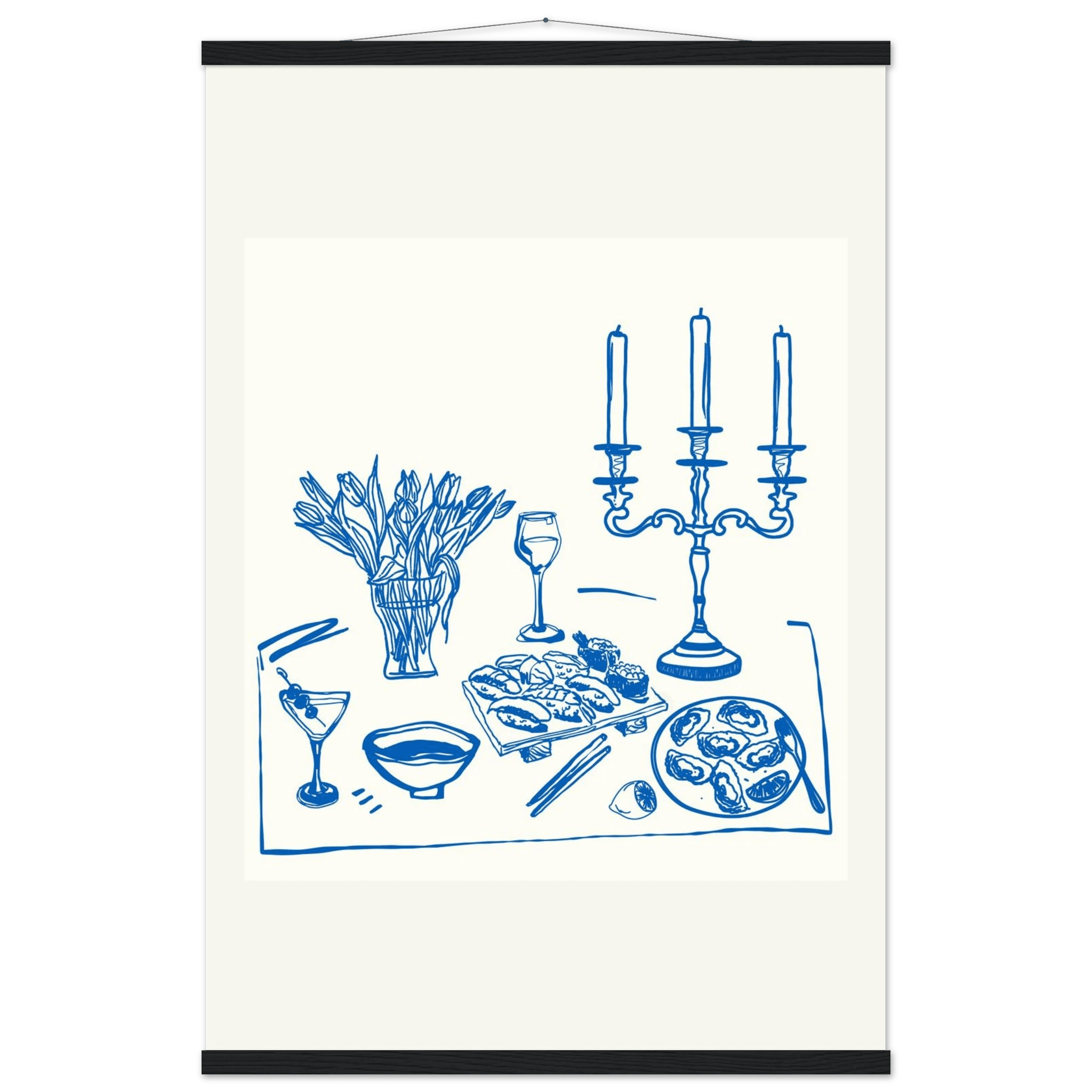 Fine Dining Table Print | Blue Line Art Kitchen Wall Art | Elegant Dining Room Poster - Evergreen Posters
