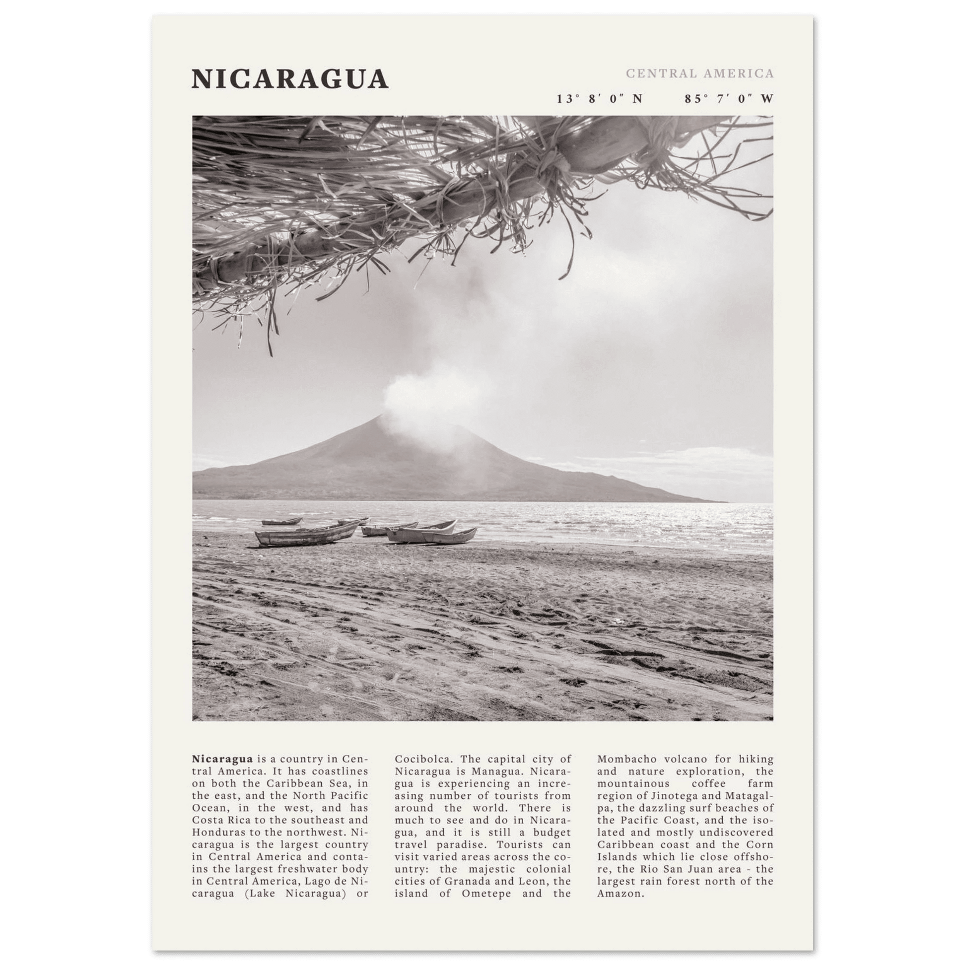 Nicaragua Poster | Black & White Volcano Wall Art | Central America Travel Print - Evergreen Posters