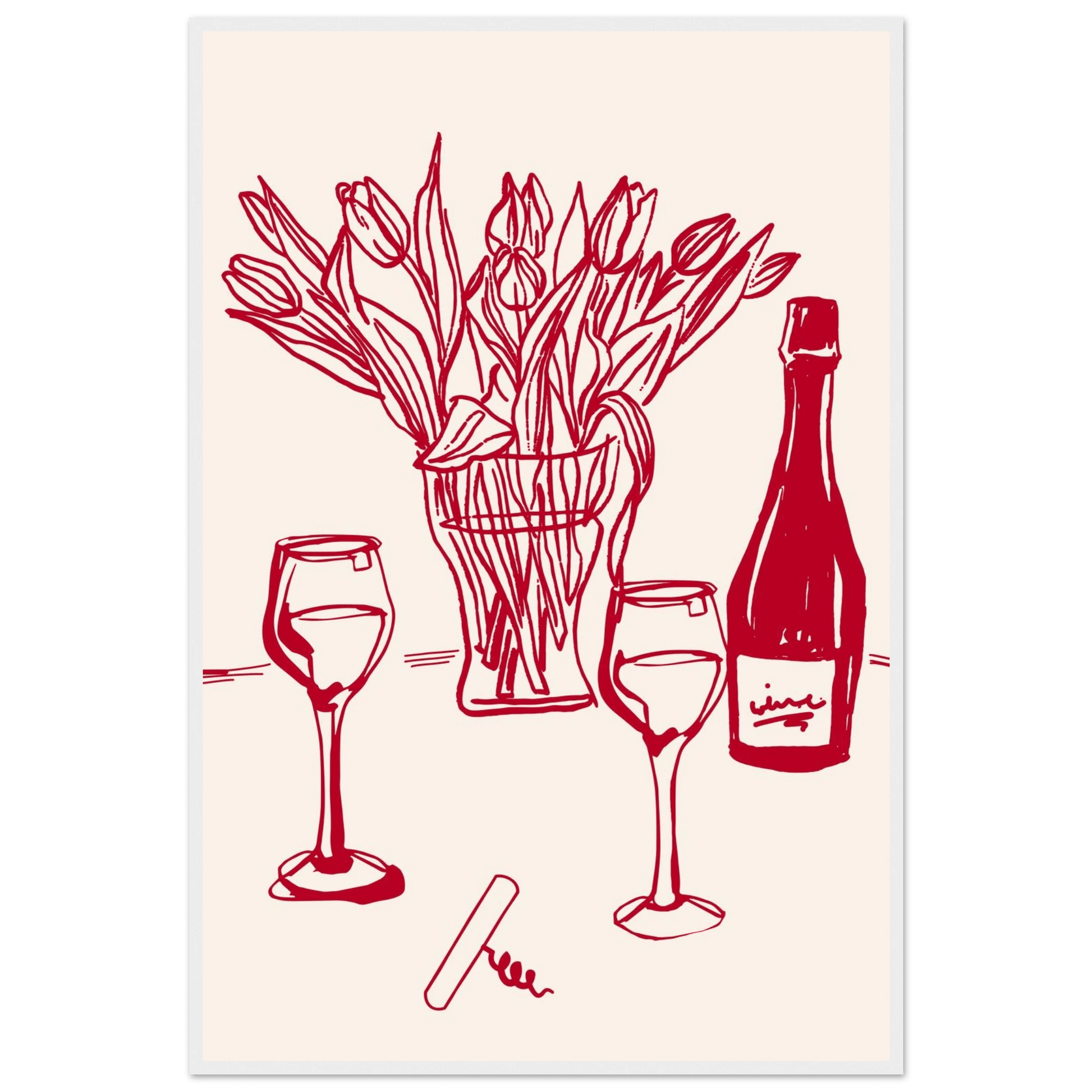Red Wine & Tulips Print | Line Art Wine Bottle Wall Art | Kitchen Poster - Evergreen Posters