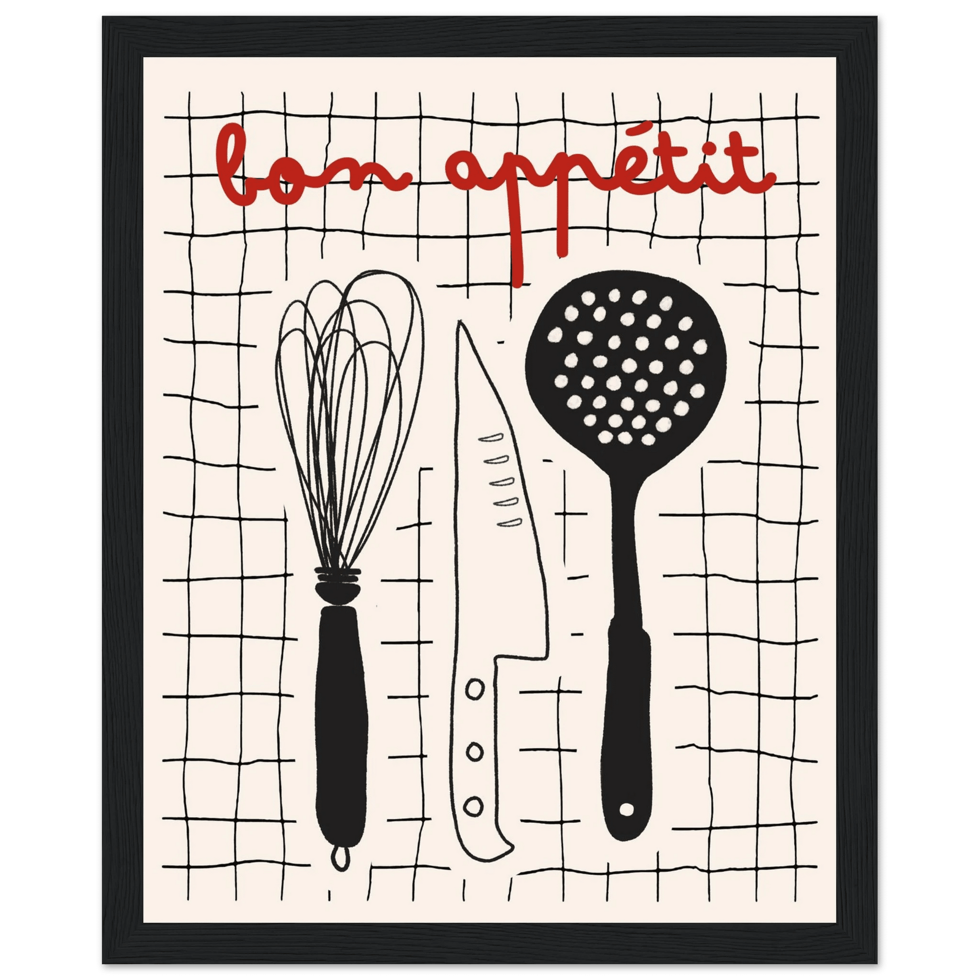 Bon Appétit French Kitchen Print | Bold Black Red Wall Art Poster - Evergreen Posters