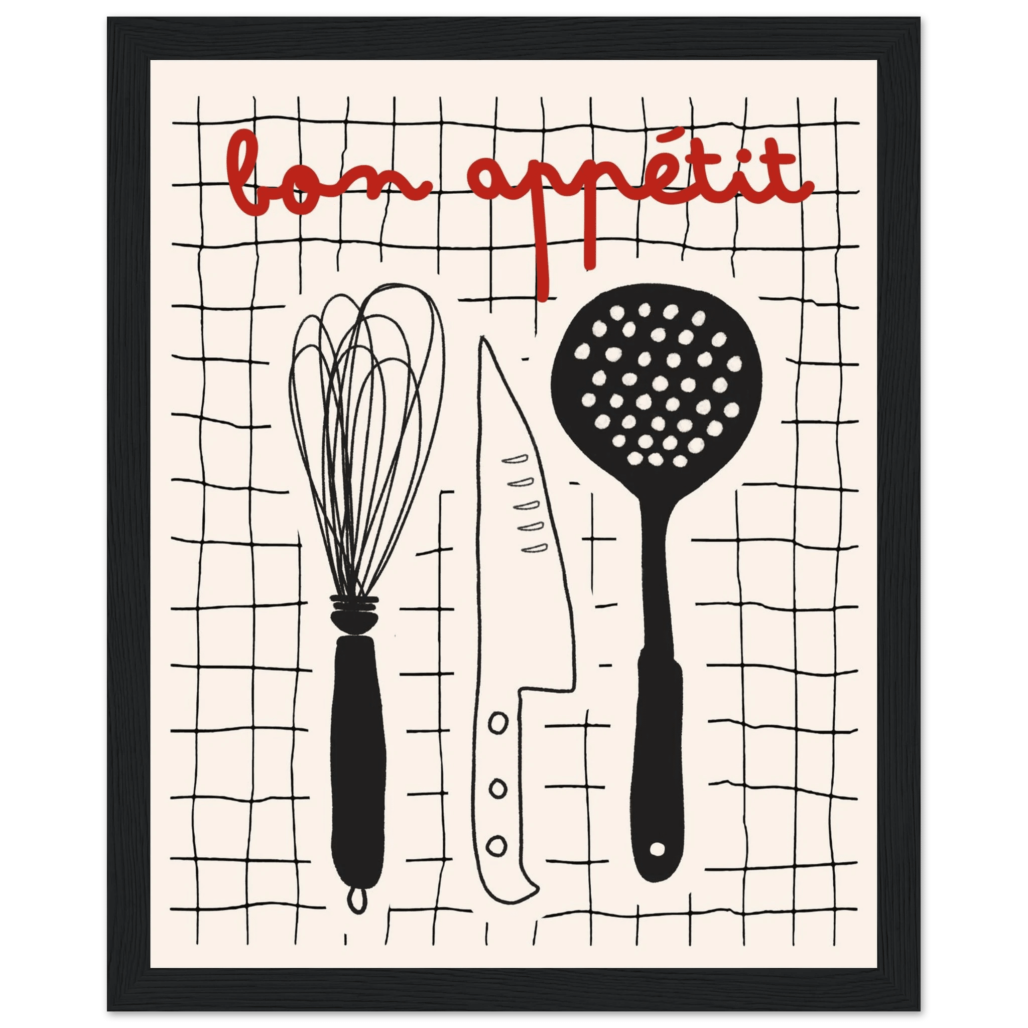Bon Appétit French Kitchen Print | Bold Black Red Wall Art Poster - Evergreen Posters