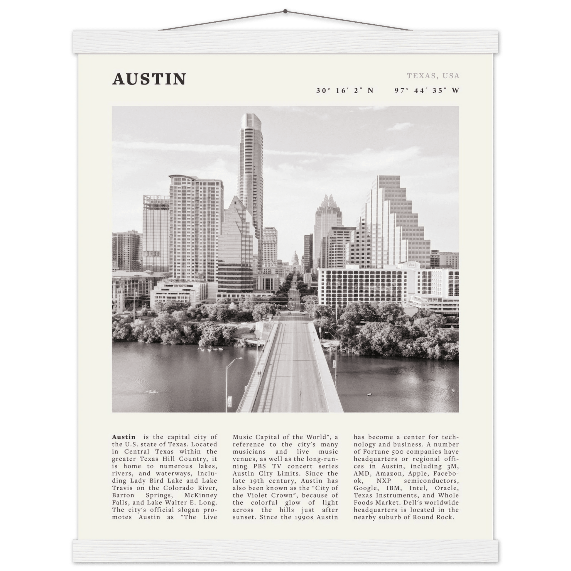 Austin Poster | Black & White Texas Skyline Wall Art | City Travel Print Decor - Evergreen Posters