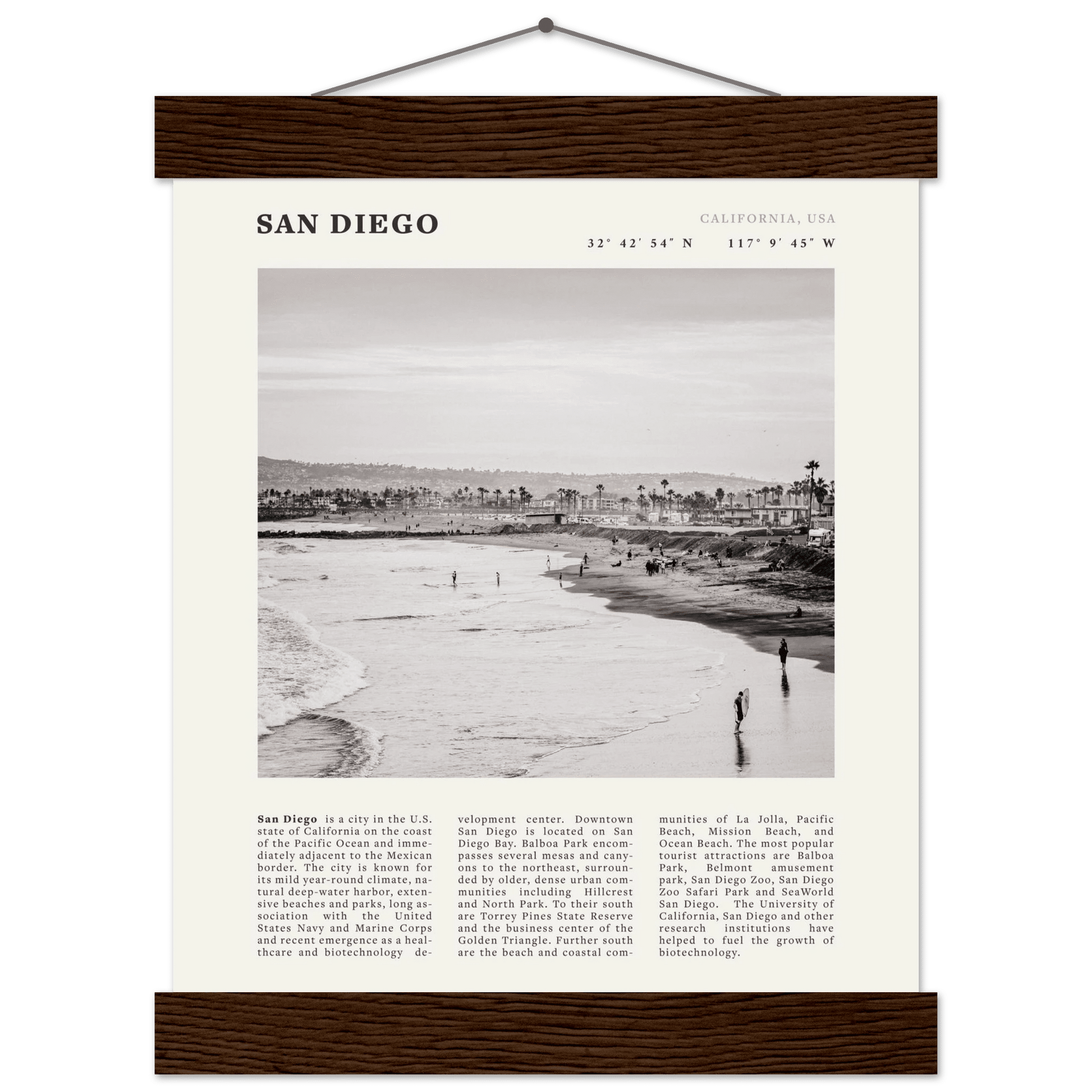 San Diego Poster | Black & White California Beach Wall Art | Coastal Travel Print Decor - Evergreen Posters
