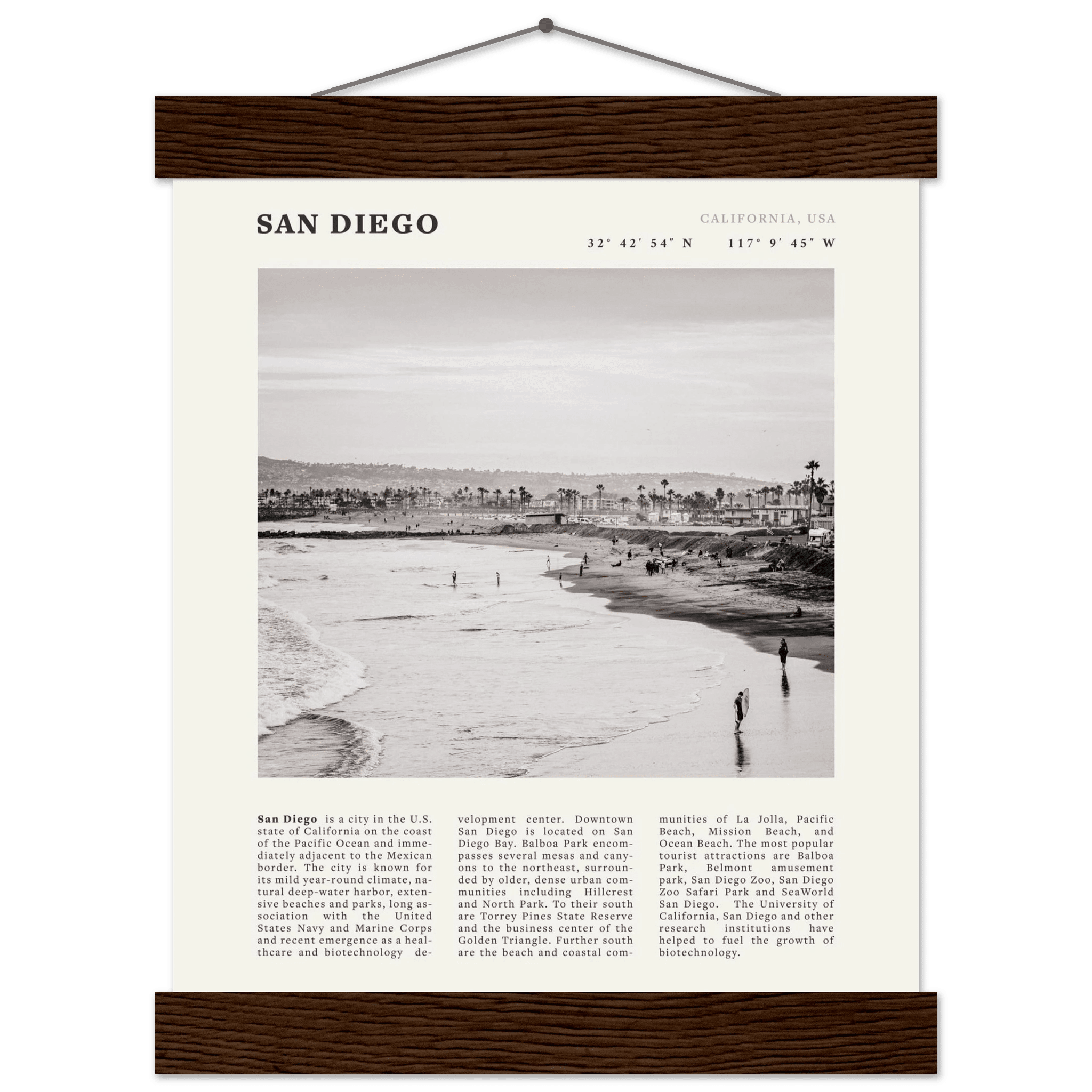 San Diego Poster | Black & White California Beach Wall Art | Coastal Travel Print Decor - Evergreen Posters