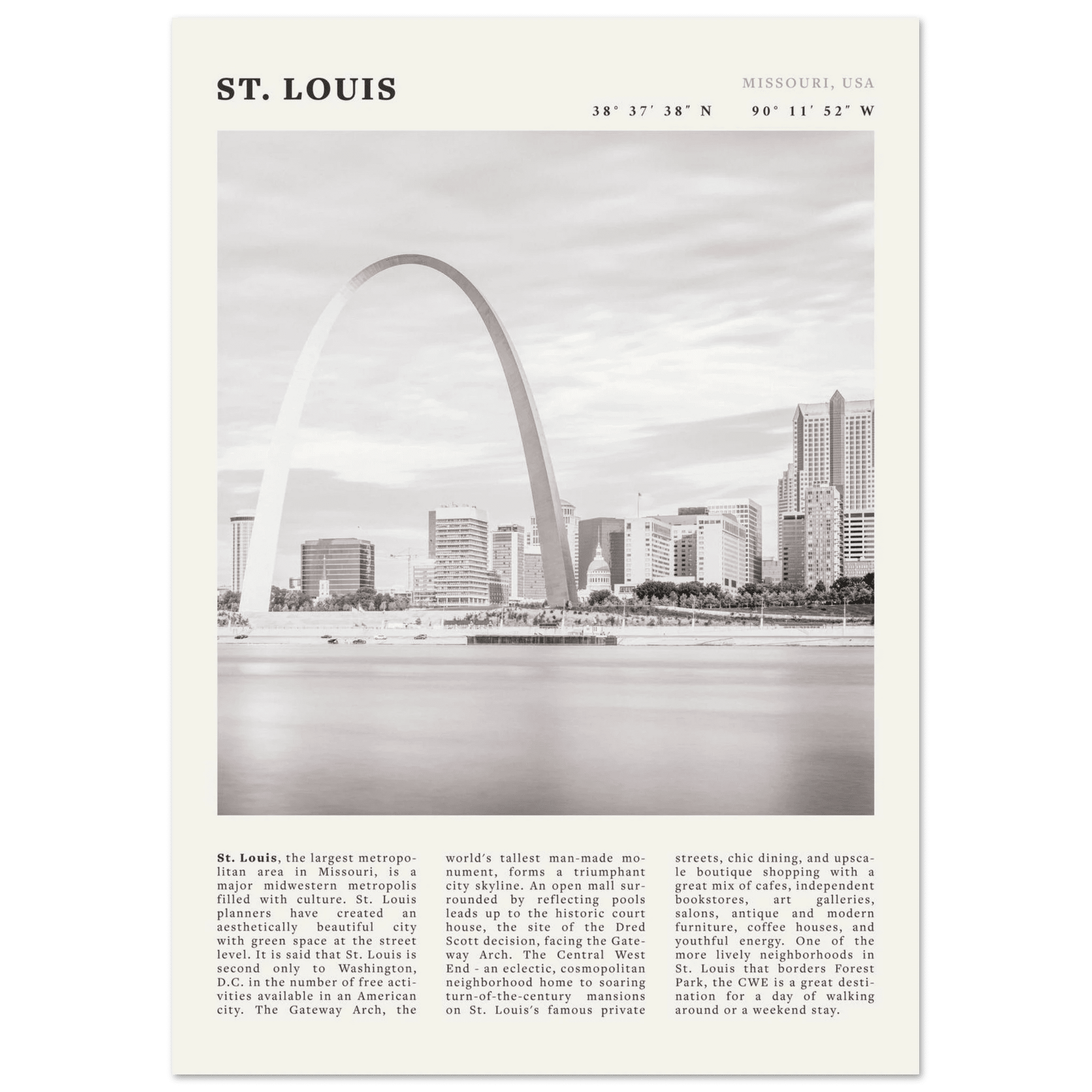 St. Louis Poster | Black & White Gateway Arch Wall Art | Missouri Travel Print - Evergreen Posters