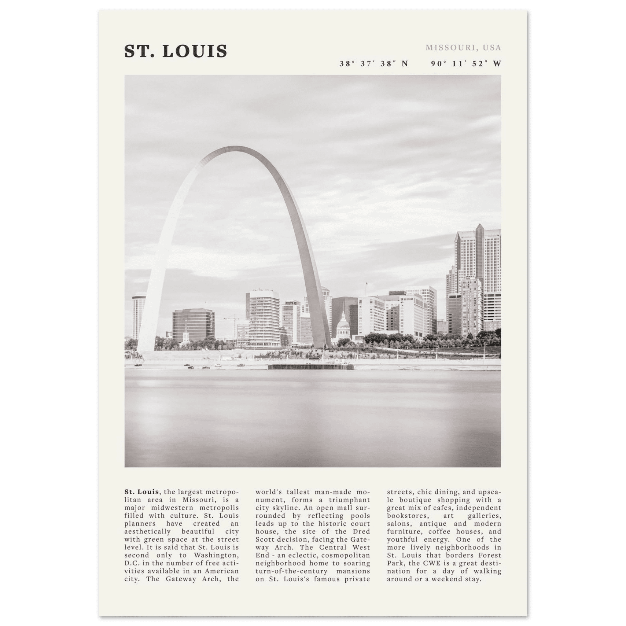 St. Louis Poster | Black & White Gateway Arch Wall Art | Missouri Travel Print - Evergreen Posters
