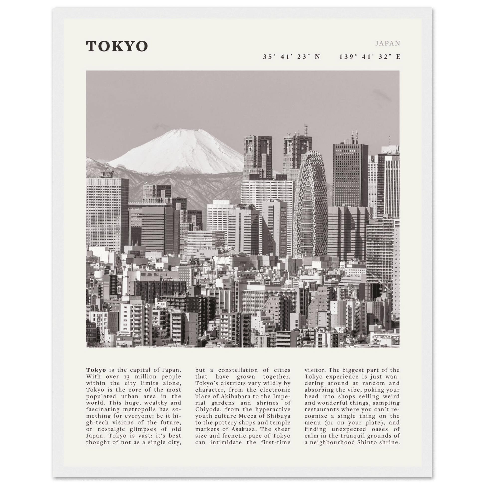 Tokyo Poster | Black & White Mount Fuji Skyline Wall Art | Japan Travel Print - Evergreen Posters