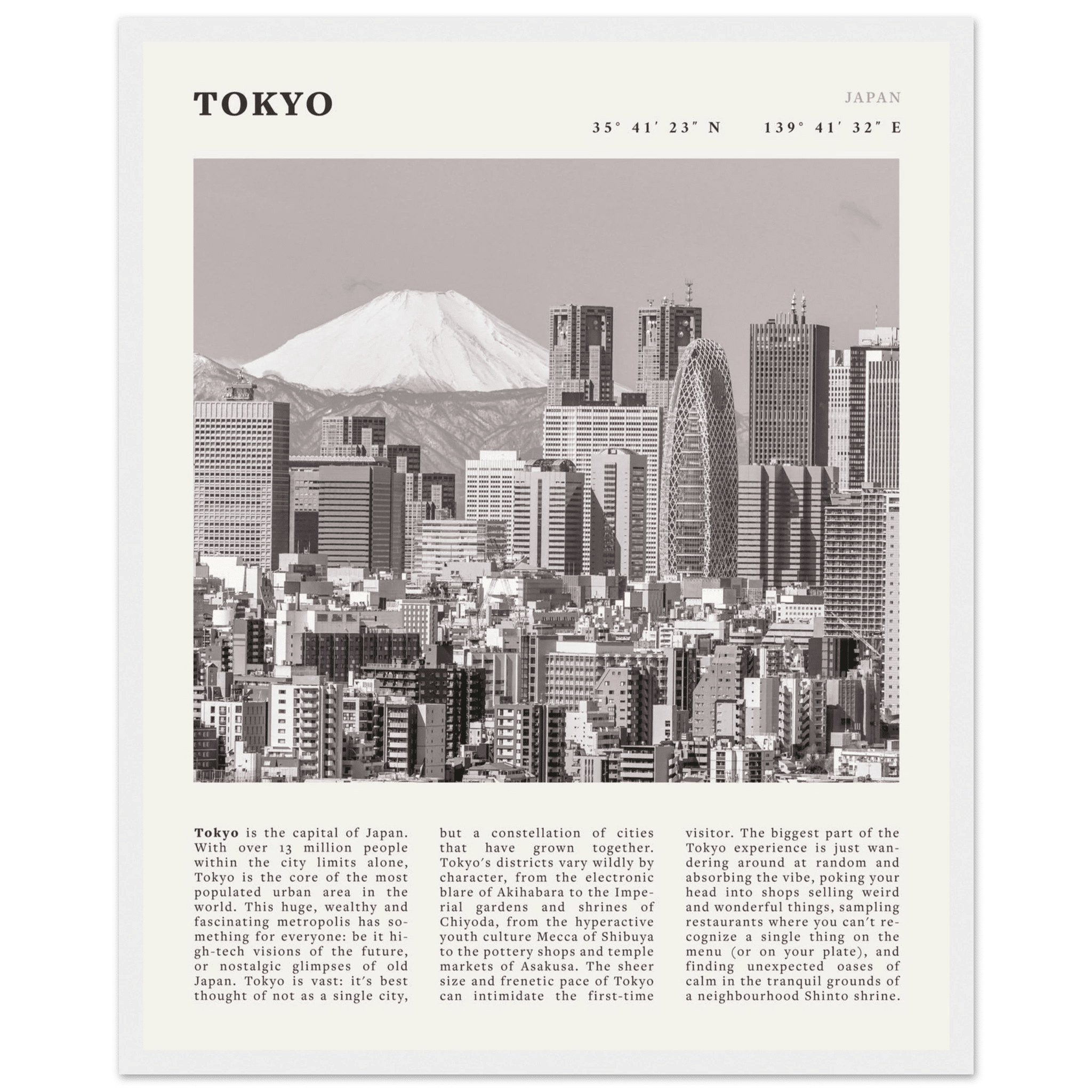 Tokyo Poster | Black & White Mount Fuji Skyline Wall Art | Japan Travel Print - Evergreen Posters