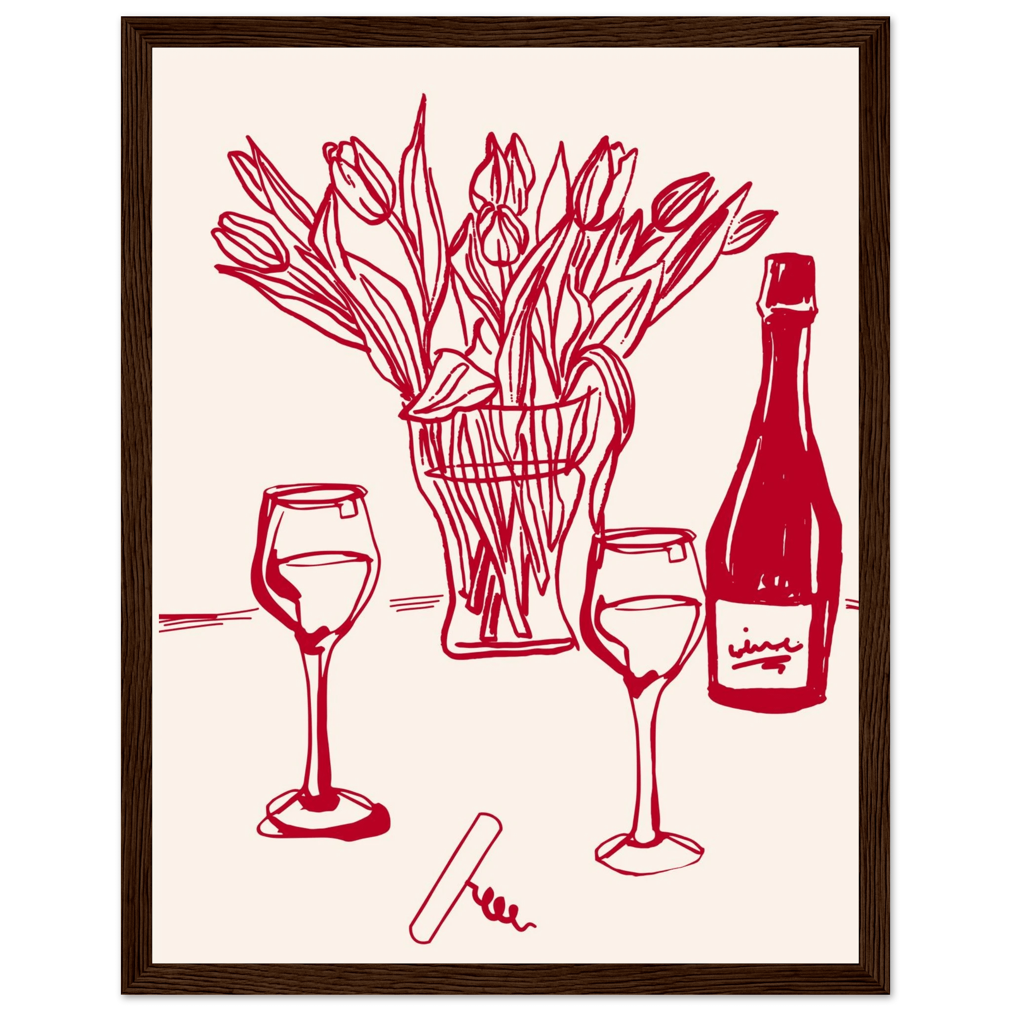 Red Wine & Tulips Print | Line Art Wine Bottle Wall Art | Kitchen Poster - Evergreen Posters