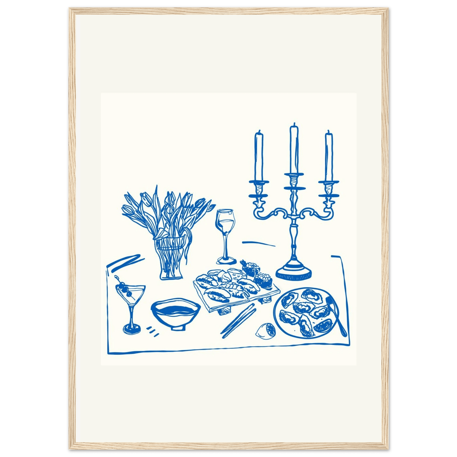 Fine Dining Table Print | Blue Line Art Kitchen Wall Art | Elegant Dining Room Poster - Evergreen Posters