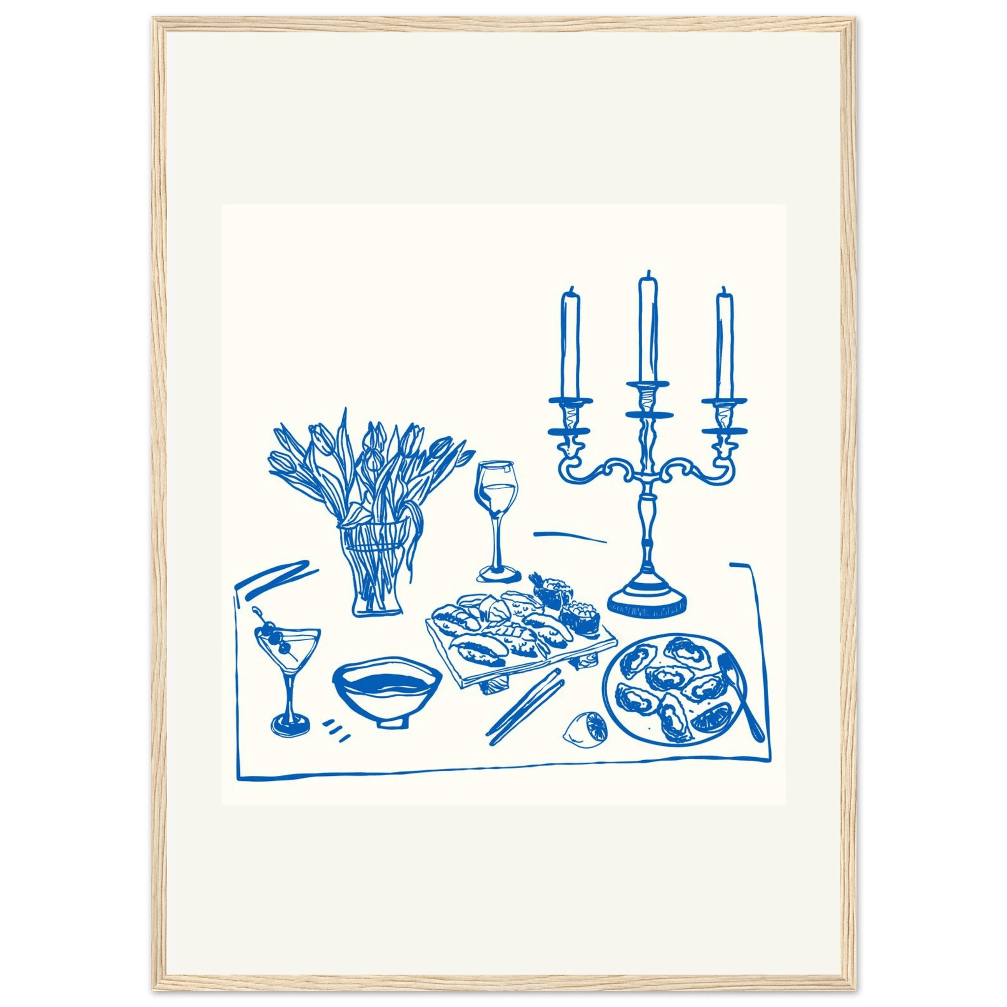Fine Dining Table Print | Blue Line Art Kitchen Wall Art | Elegant Dining Room Poster - Evergreen Posters