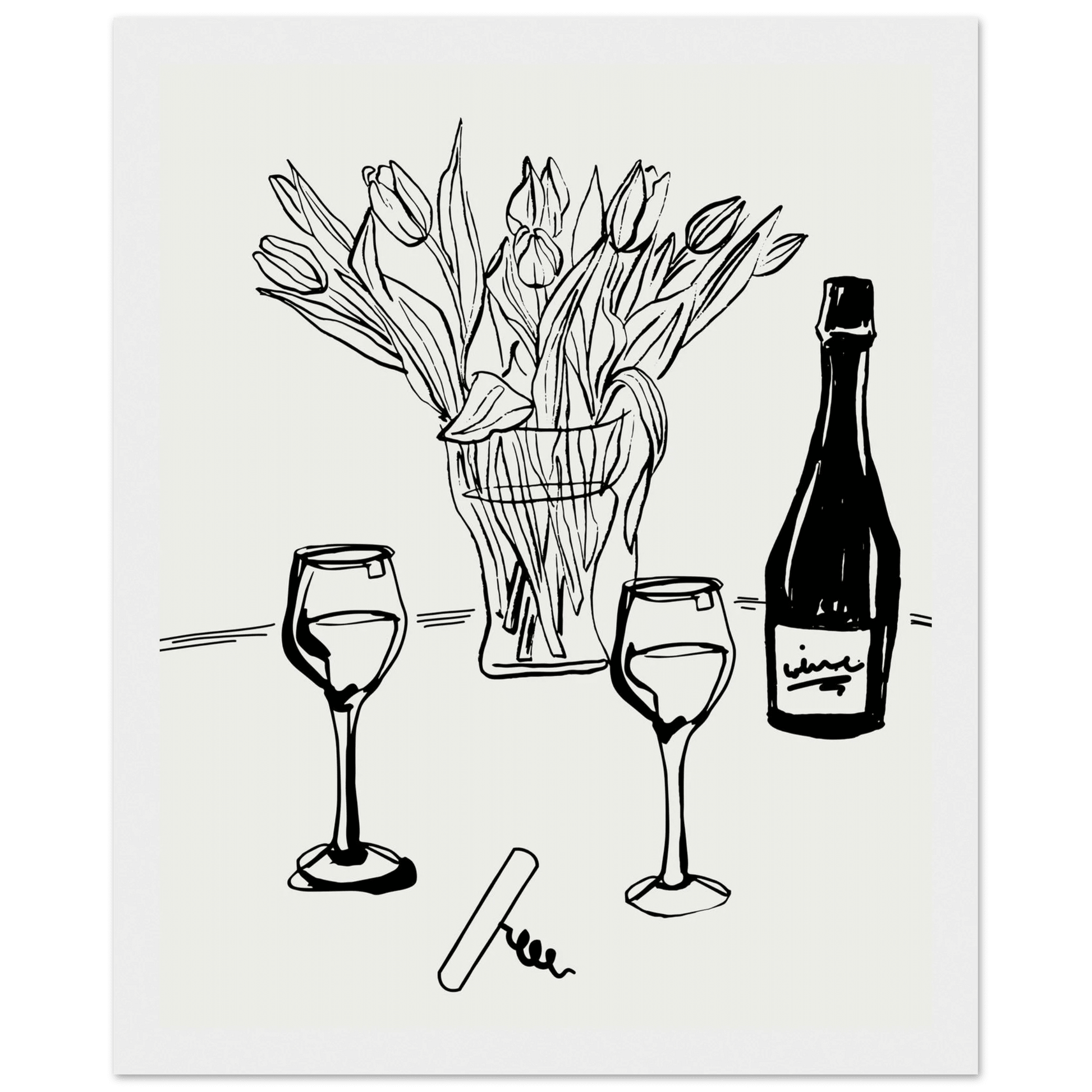 Wine & Tulips Print | Black Line Art Wine Bottle Wall Art | Minimalist Kitchen Poster - Evergreen Posters