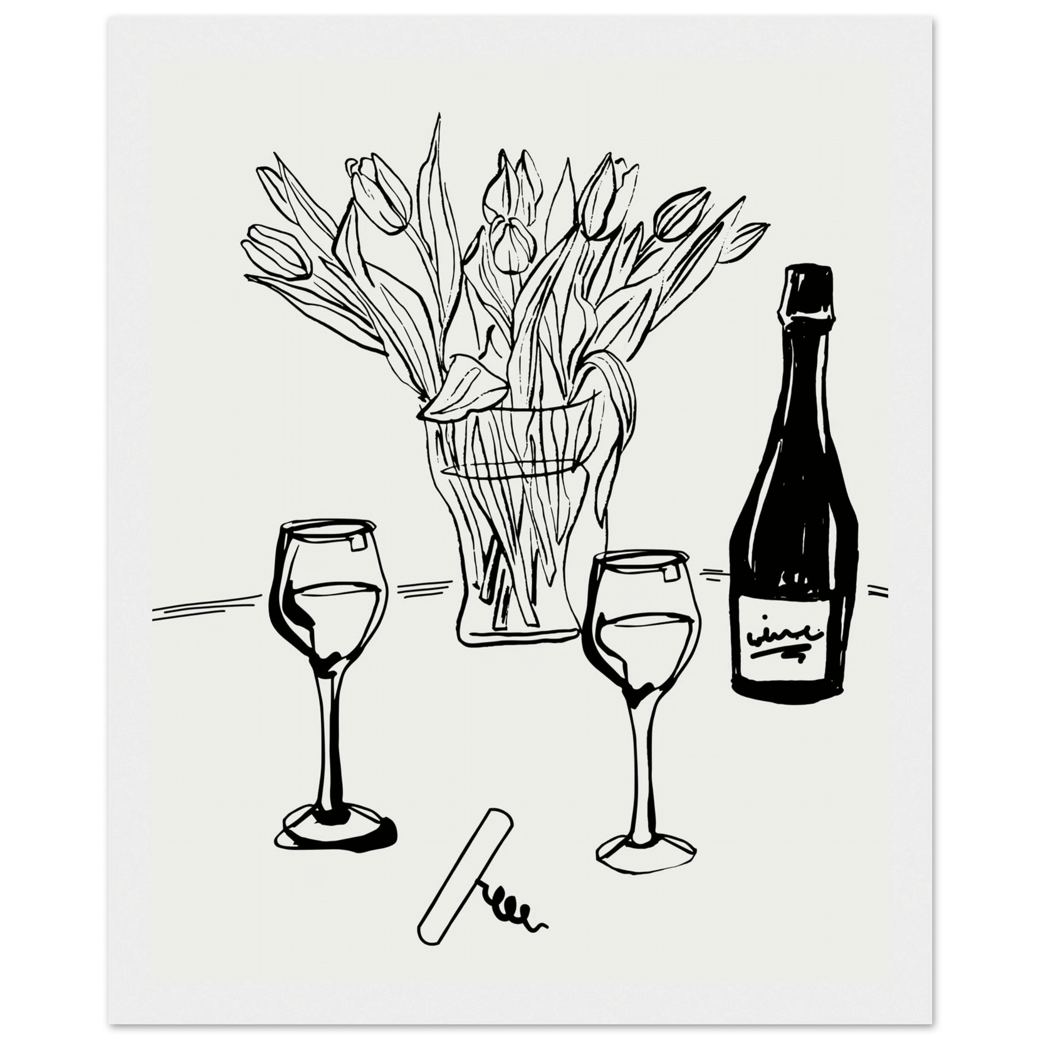 Wine & Tulips Print | Black Line Art Wine Bottle Wall Art | Minimalist Kitchen Poster - Evergreen Posters