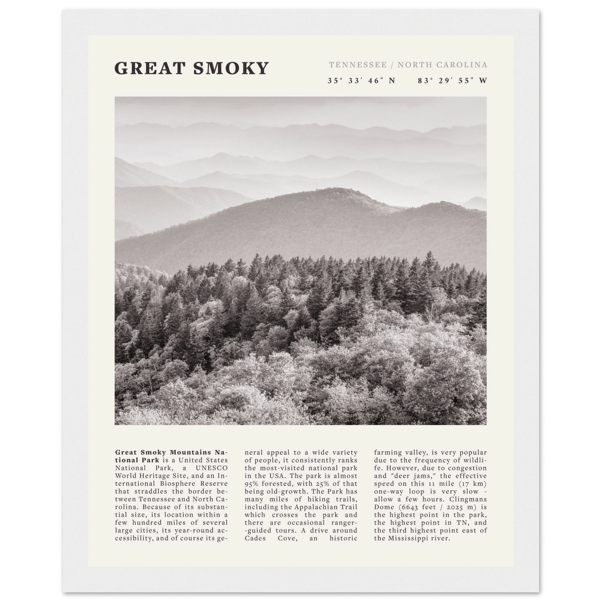 Great Smoky Mountains Poster | Black & White National Park Wall Art | Tennessee Print - Evergreen Posters