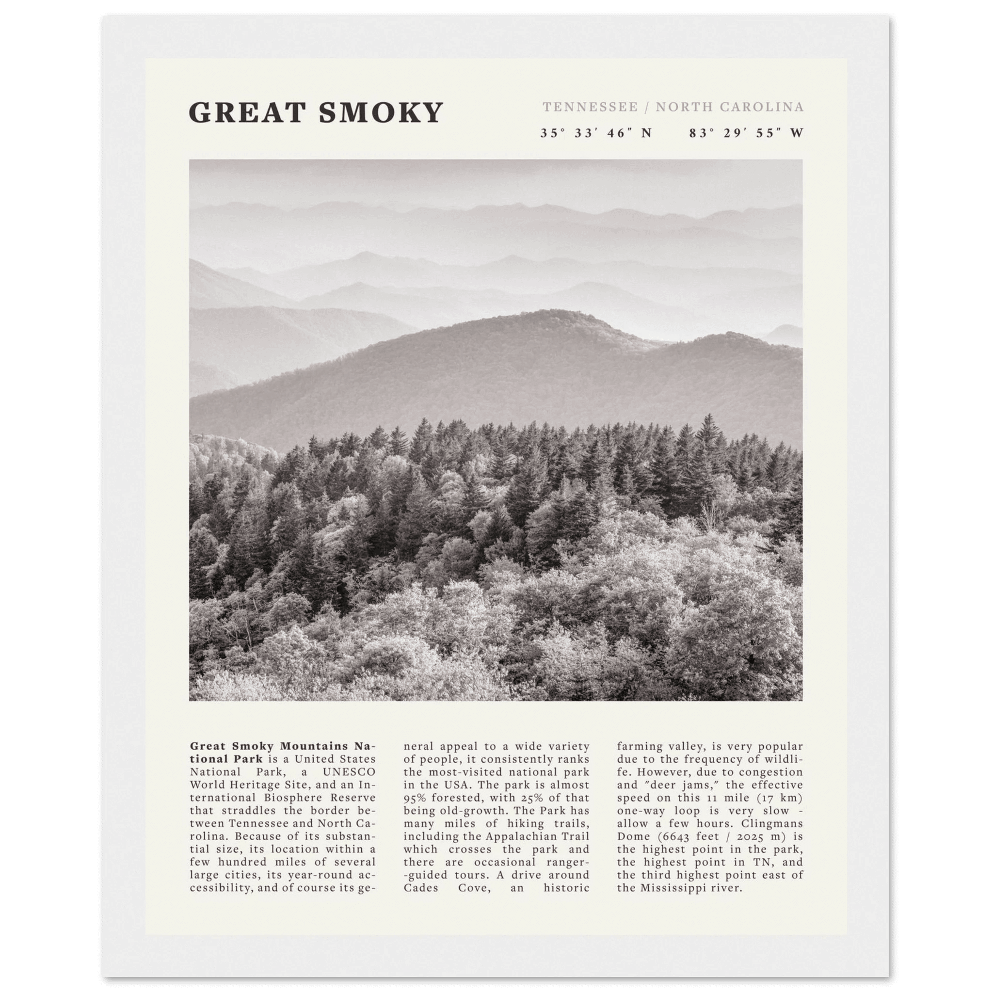 Great Smoky Mountains Poster | Black & White National Park Wall Art | Tennessee Print - Evergreen Posters