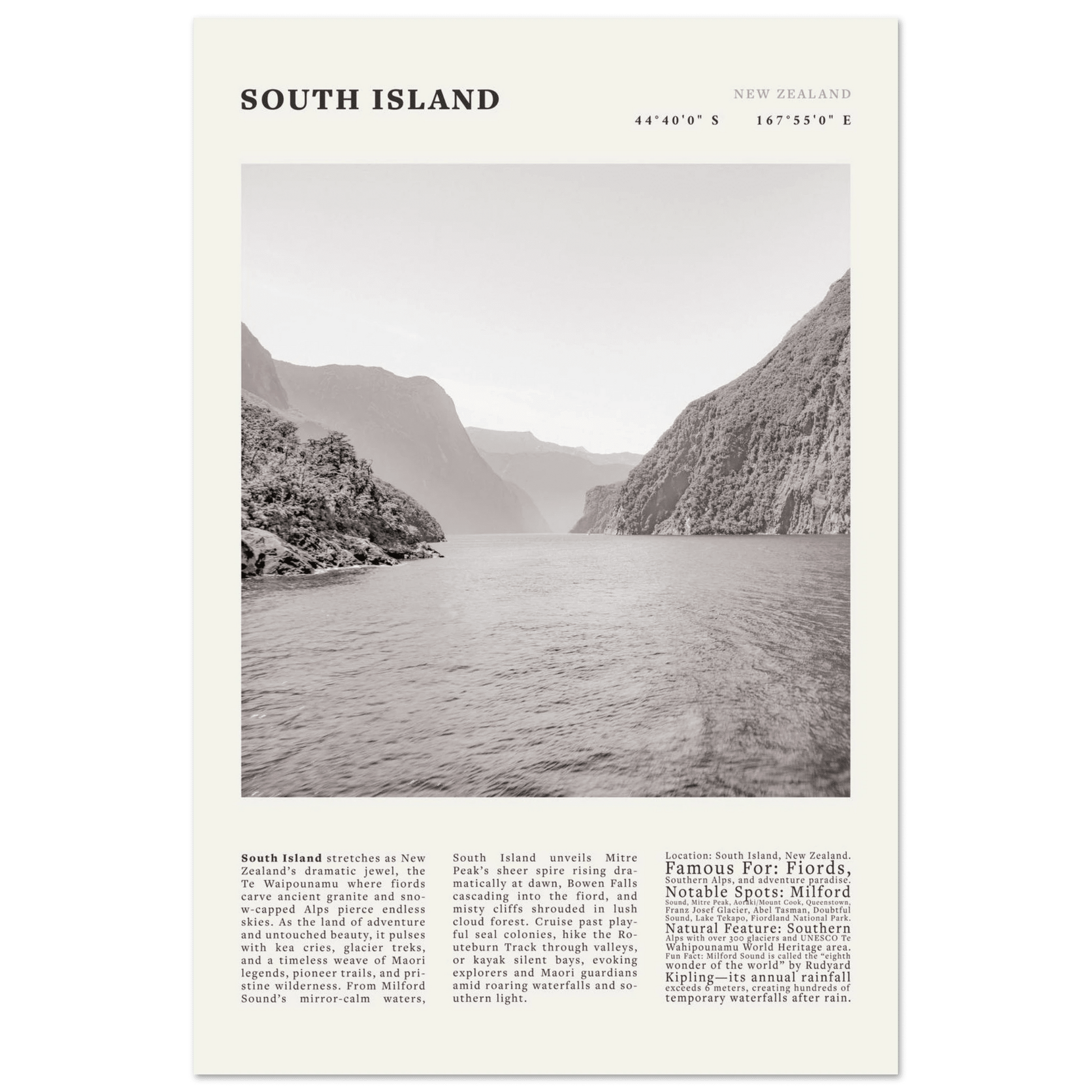 South Island New Zealand Poster Black and White – Vintage Milford Sound Fjord Print - Evergreen Posters