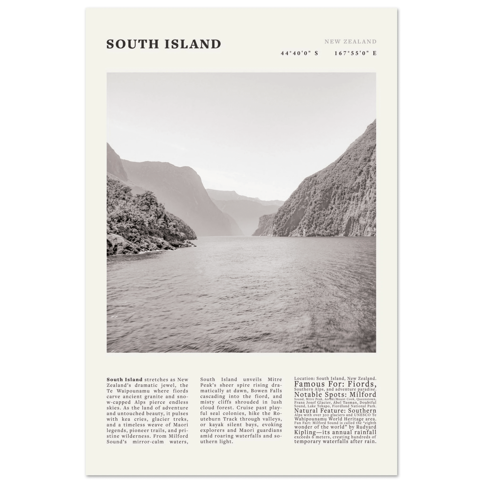 South Island New Zealand Poster Black and White – Vintage Milford Sound Fjord Print - Evergreen Posters