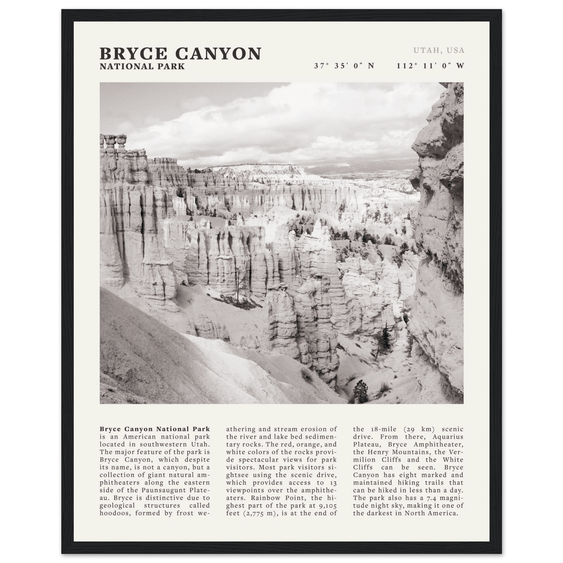 Bryce Canyon National Park Poster | Black & White Utah Hoodoos Wall Art Print - Evergreen Posters - 25