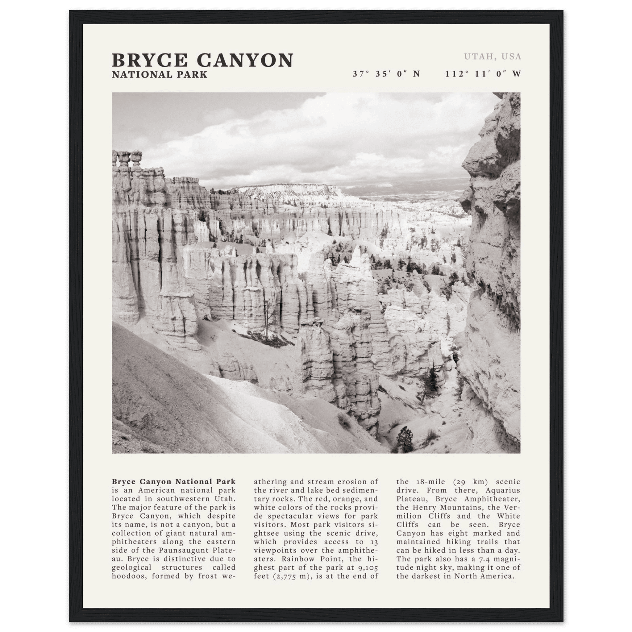Bryce Canyon National Park Poster | Black & White Utah Hoodoos Wall Art Print - Evergreen Posters - 25