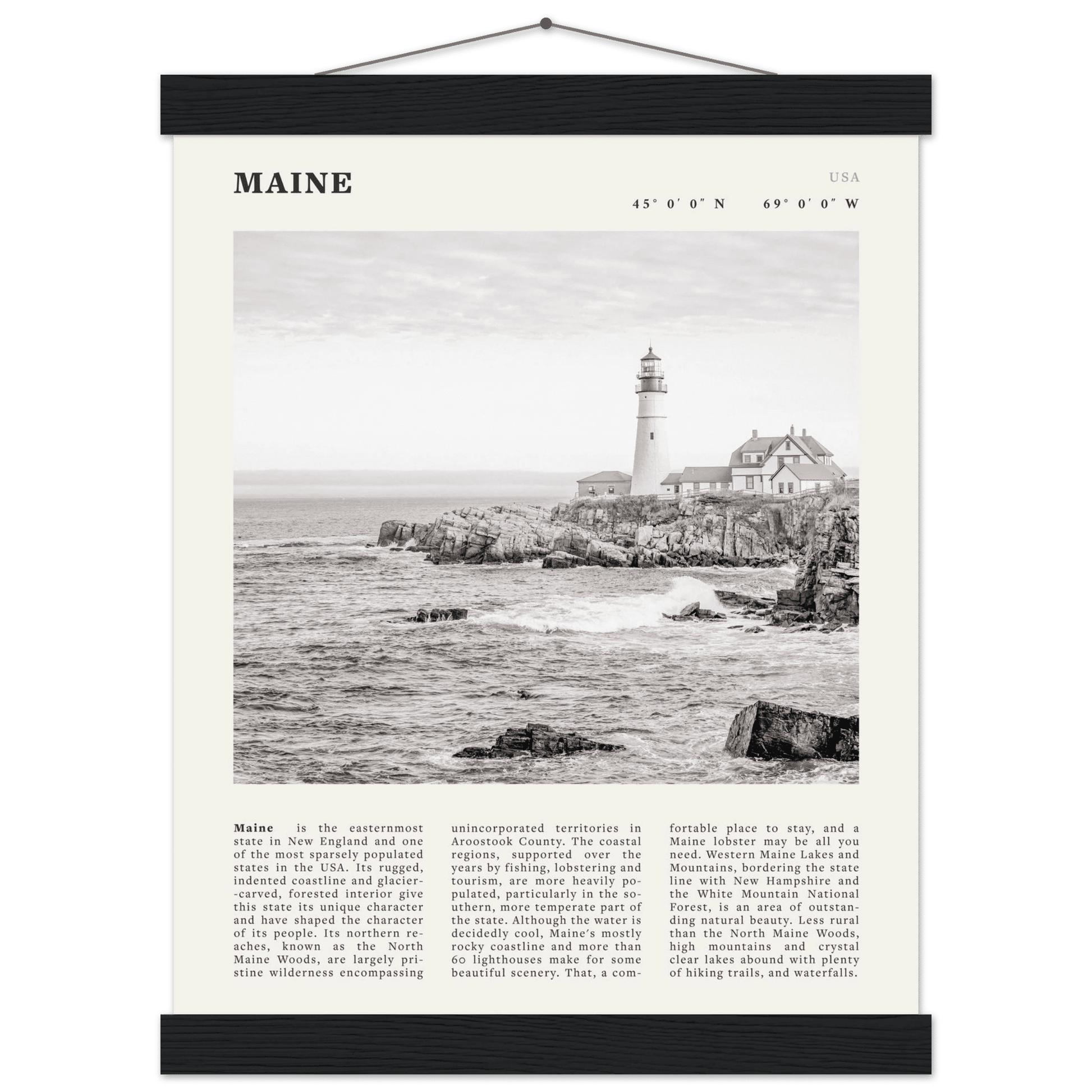Maine Poster | Black & White Lighthouse Wall Art | New England Coastal Travel Print - Evergreen Posters
