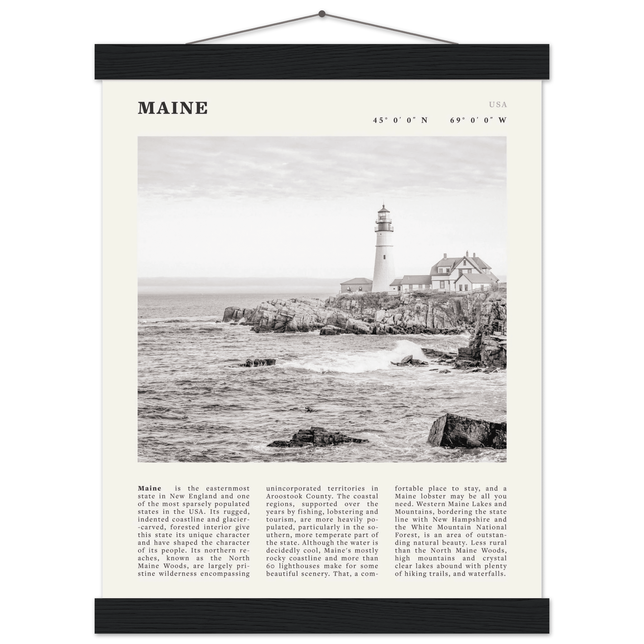 Maine Poster | Black & White Lighthouse Wall Art | New England Coastal Travel Print - Evergreen Posters