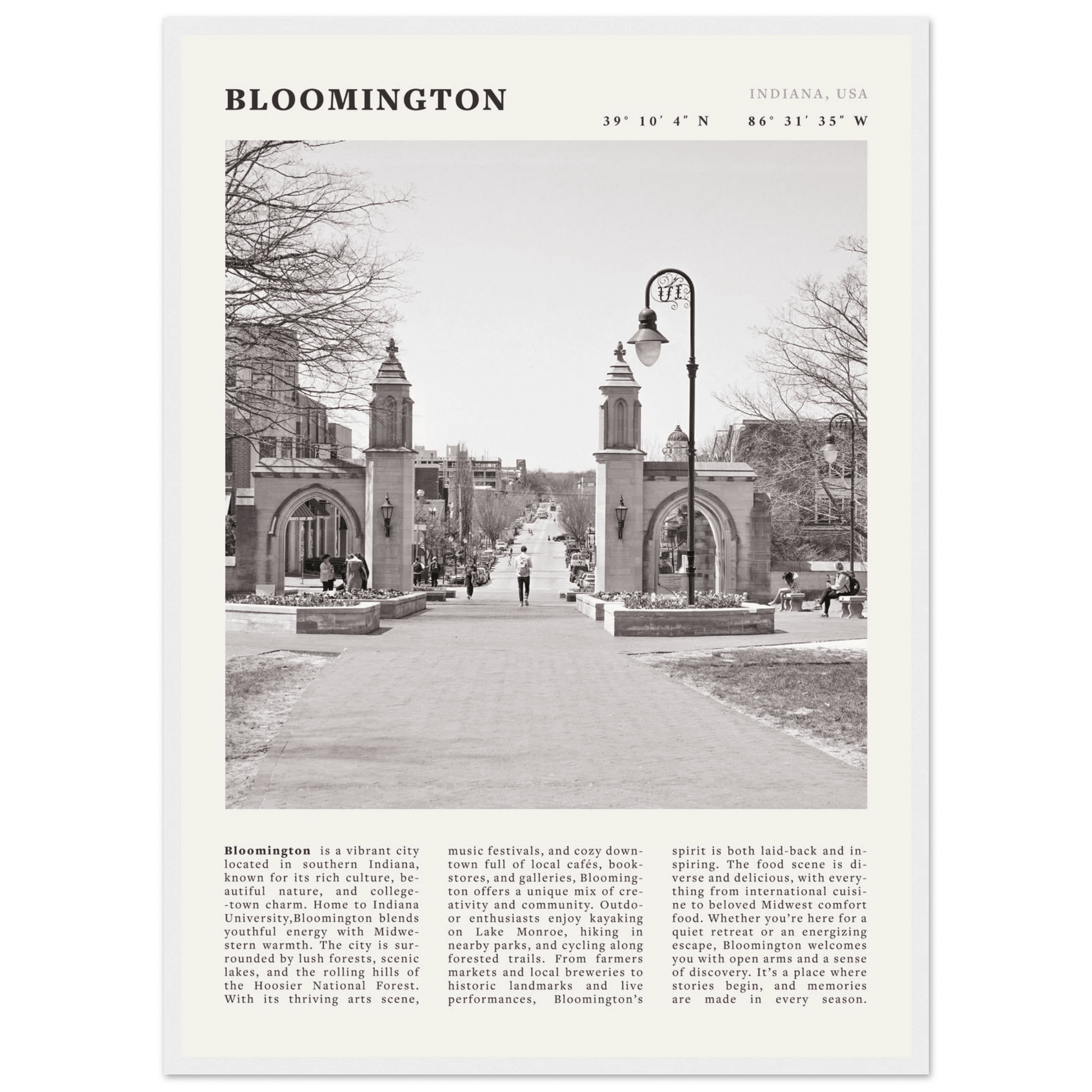 Bloomington Indiana Black and White Vintage Poster - Evergreen Posters