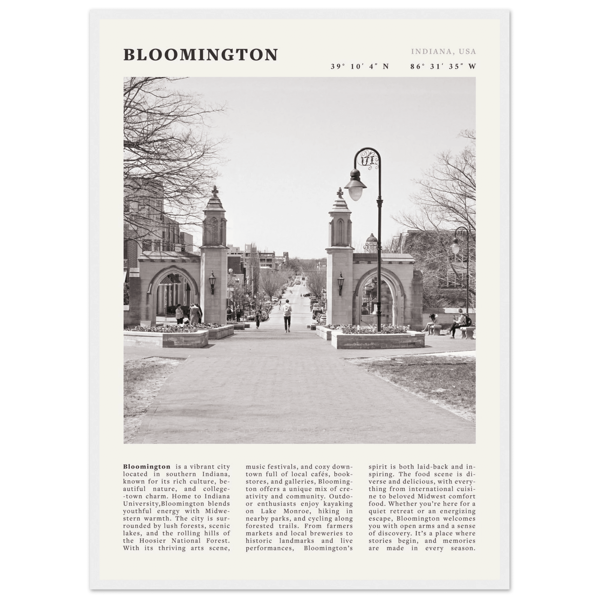 Bloomington Indiana Black and White Vintage Poster - Evergreen Posters