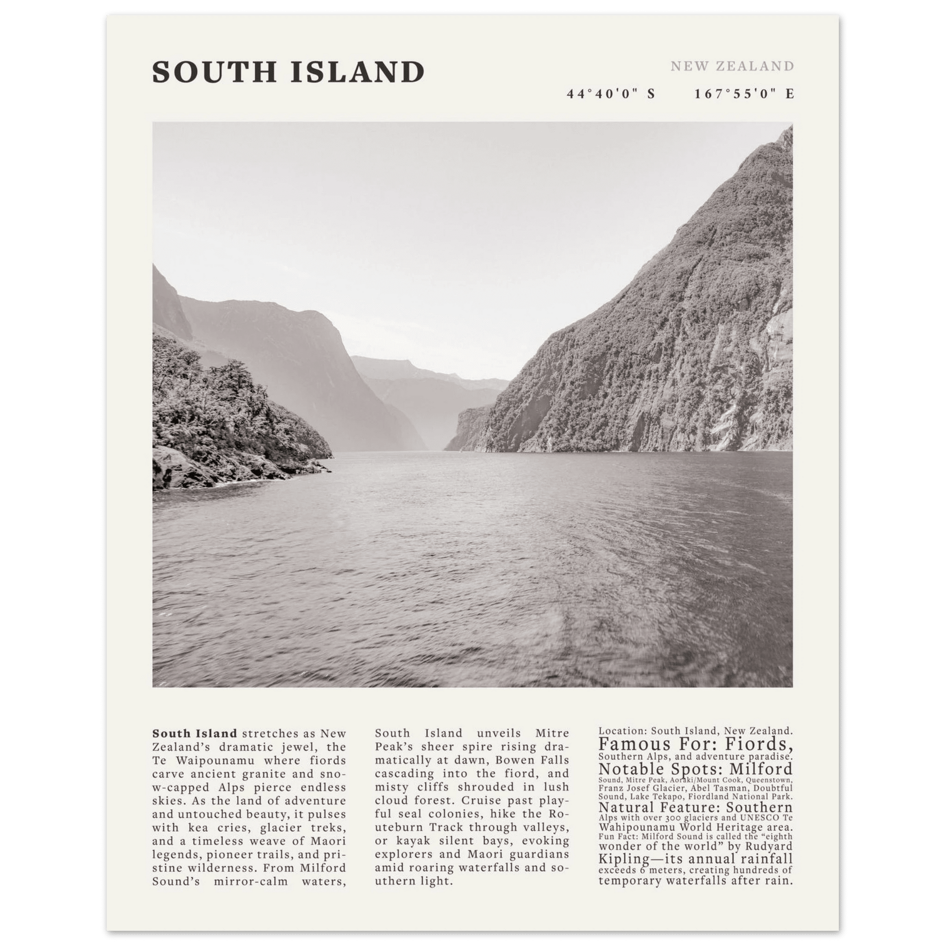 South Island New Zealand Poster Black and White – Vintage Milford Sound Fjord Print - Evergreen Posters