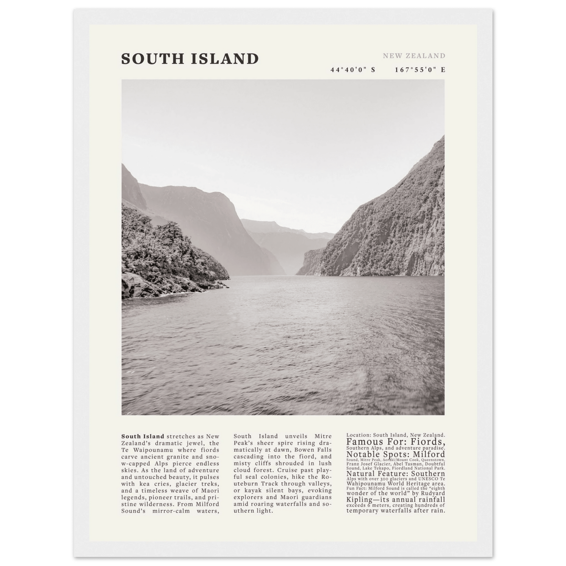 South Island New Zealand Poster Black and White – Vintage Milford Sound Fjord Print - Evergreen Posters