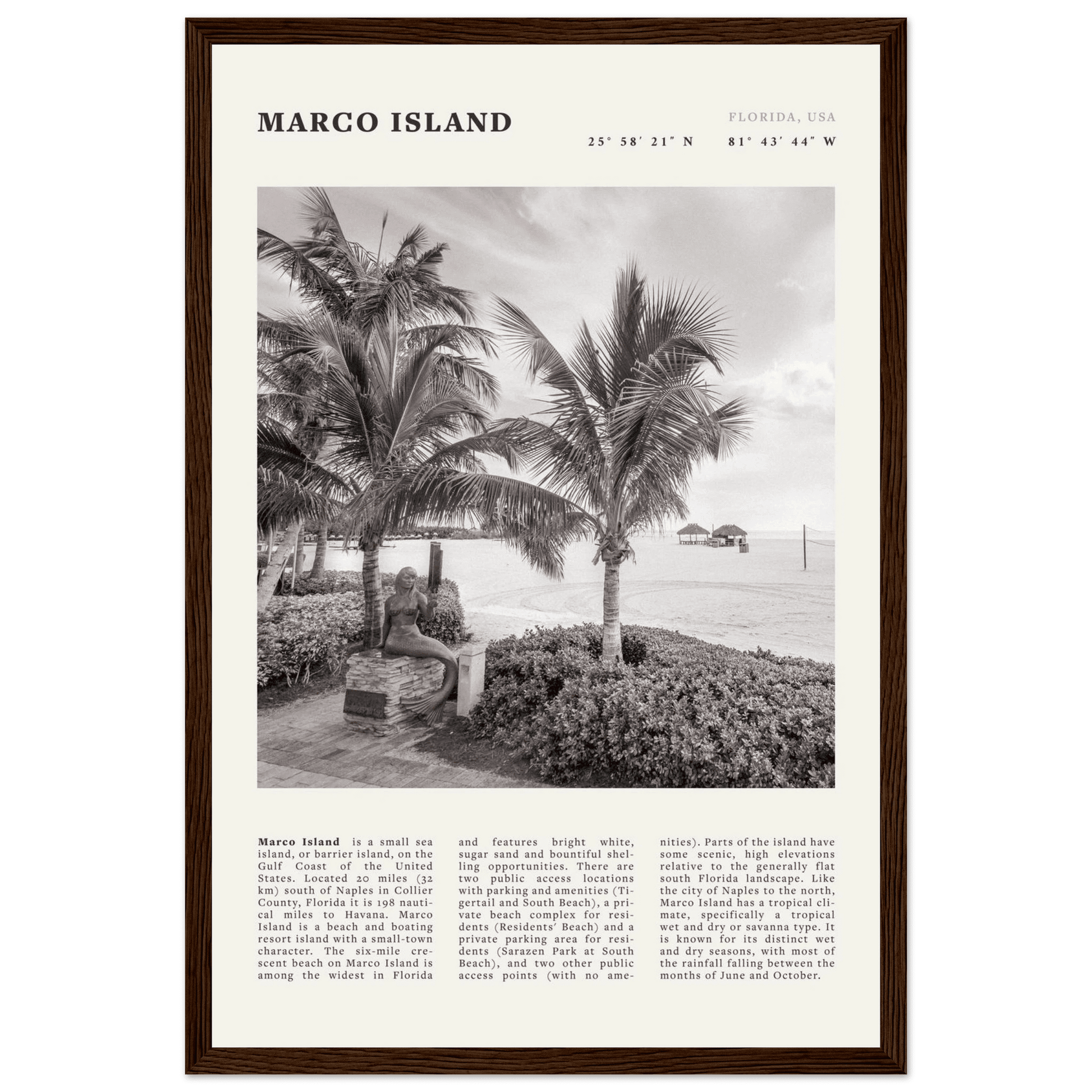Marco Island Poster | Black & White Florida Beach Wall Art | Coastal Travel Print - Evergreen Posters