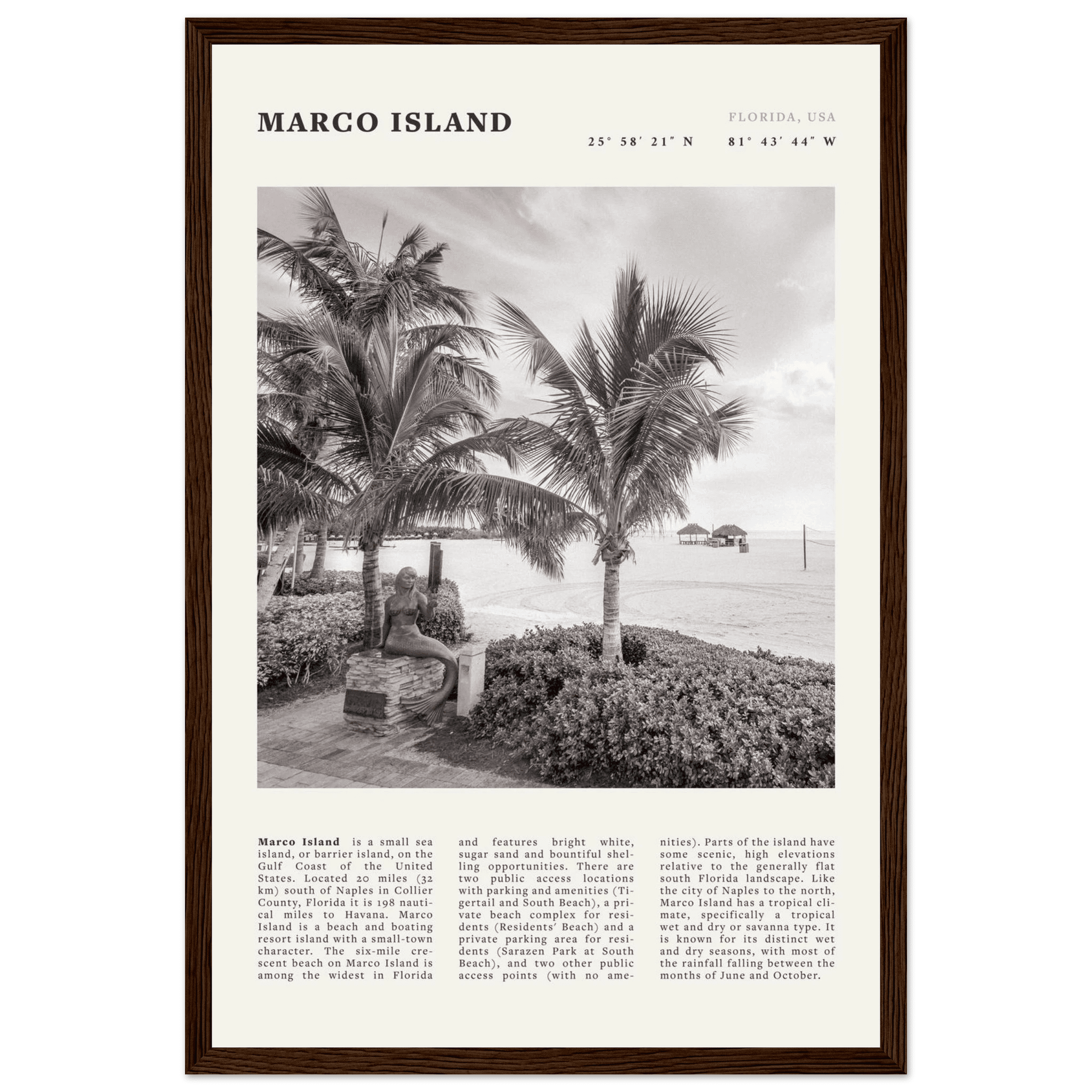 Marco Island Poster | Black & White Florida Beach Wall Art | Coastal Travel Print - Evergreen Posters